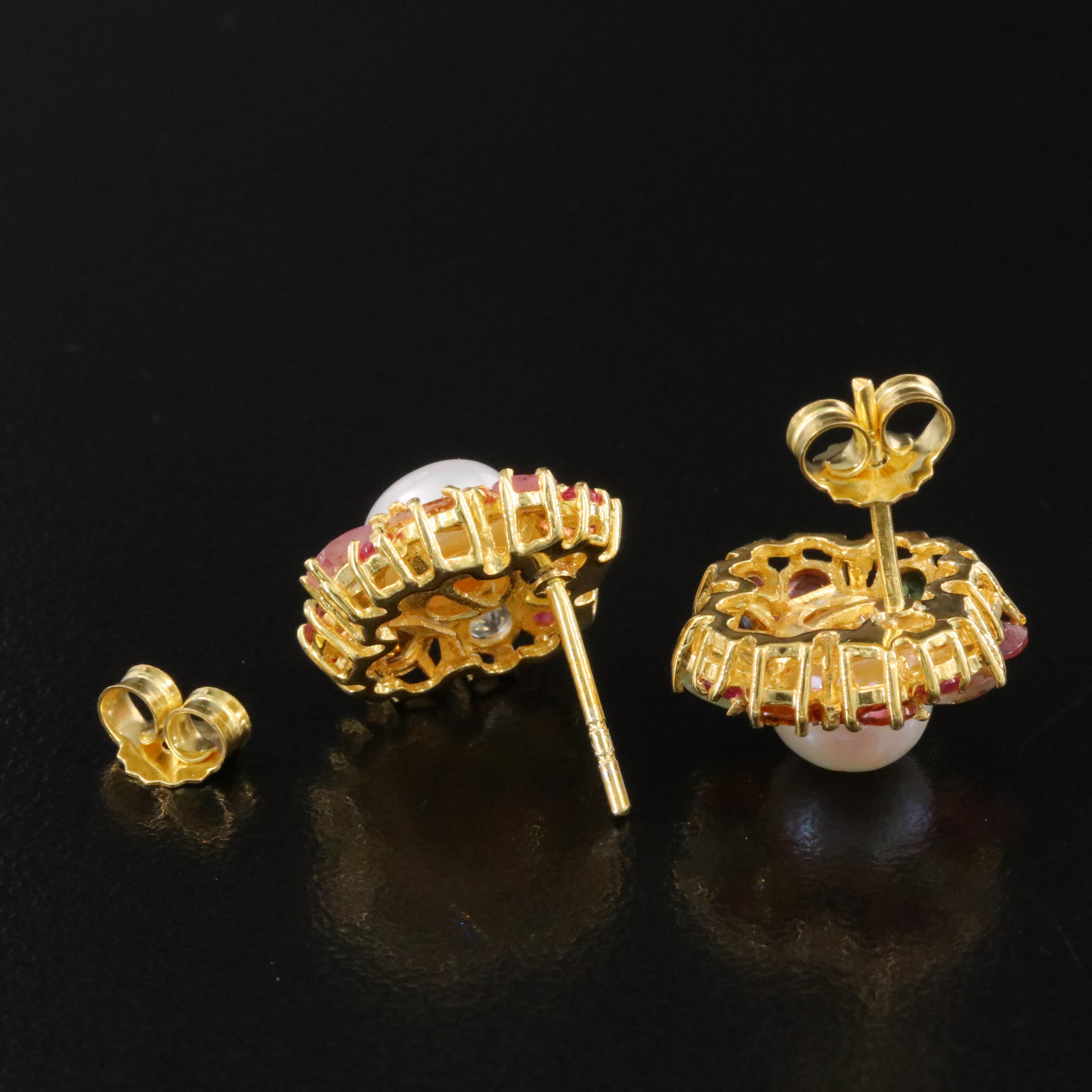 Sterling Pearl, Ruby and Tourmaline Earrings