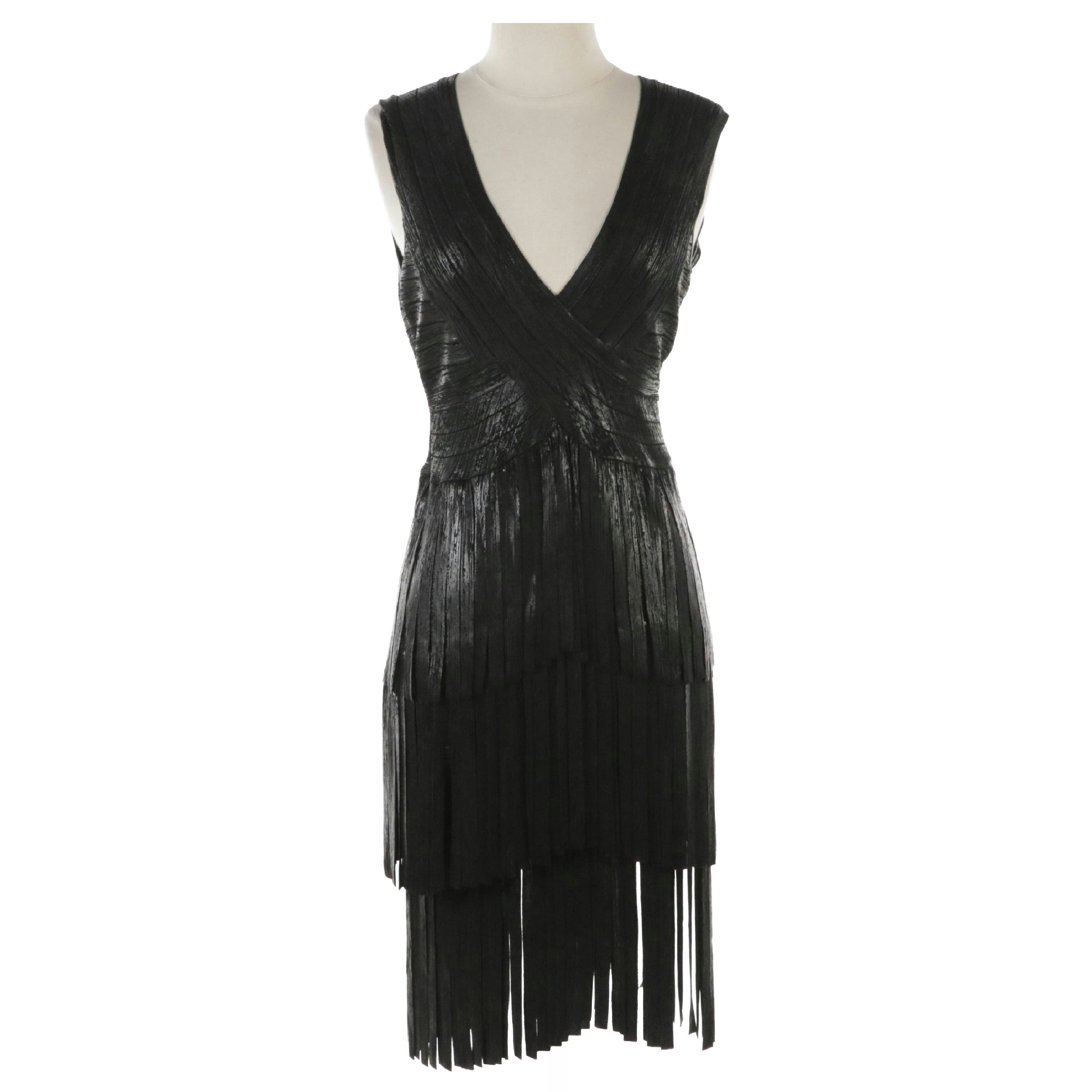 Herve Leger Paris Black Foil Fringed Bandage Dress, With Tags
