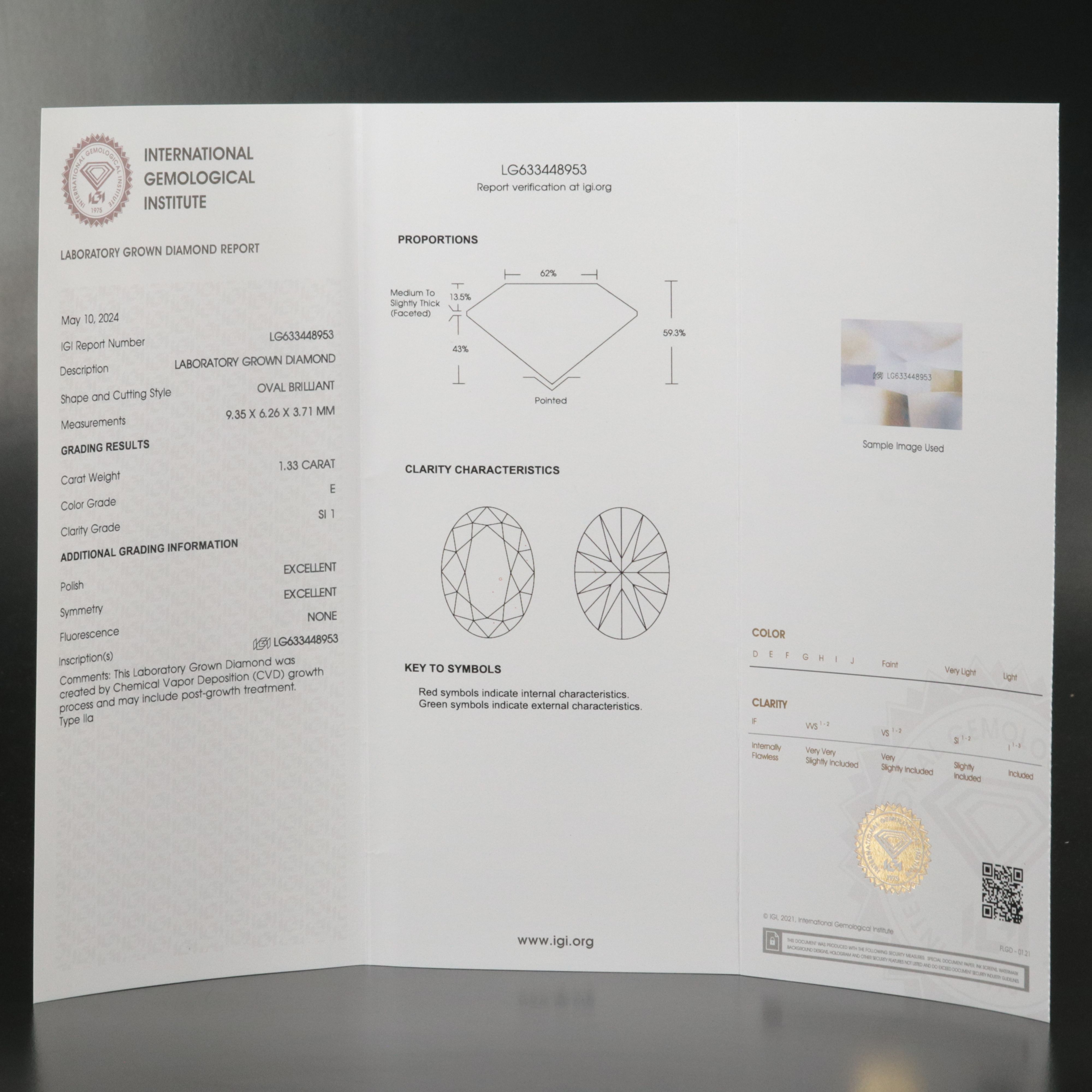 Loose 1.33 CT Lab Grown Diamond with IGI Report