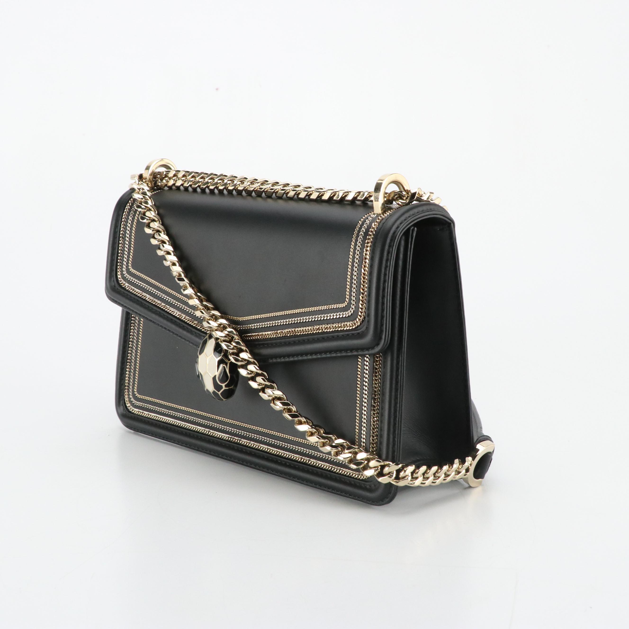 Bvlgari Small Serpenti Diamond Blast Flap Bag in Chain-Trimmed Black Calfskin