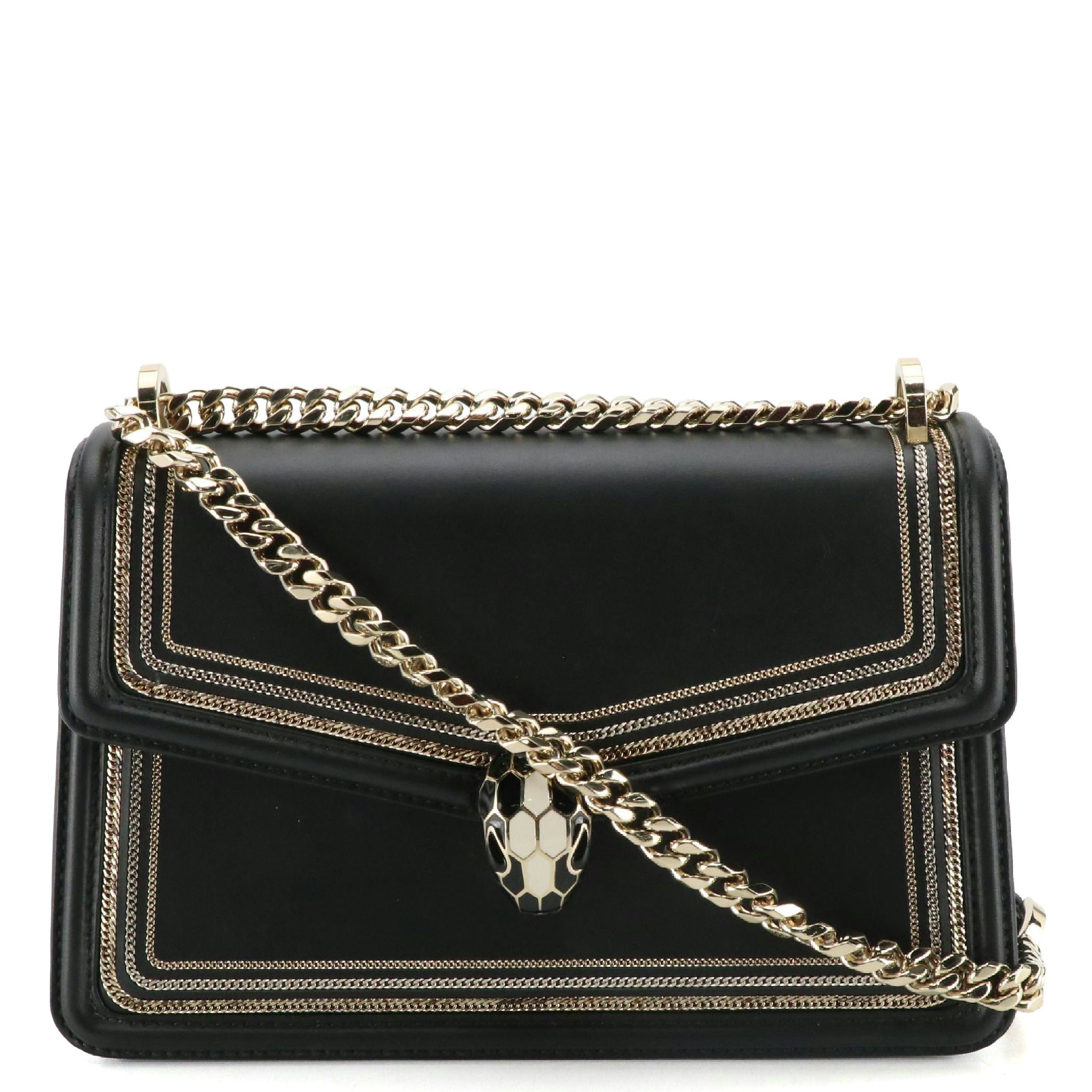 Bvlgari Small Serpenti Diamond Blast Flap Bag in Chain-Trimmed Black Calfskin