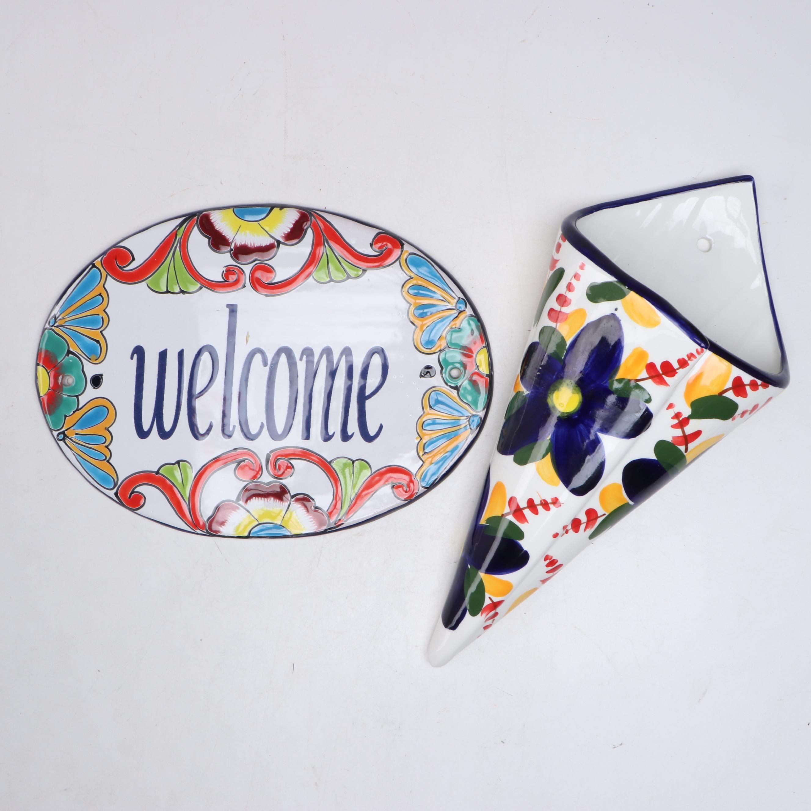 Spanish Ceramic Wall Vase and "Welcome" Wall Plaque
