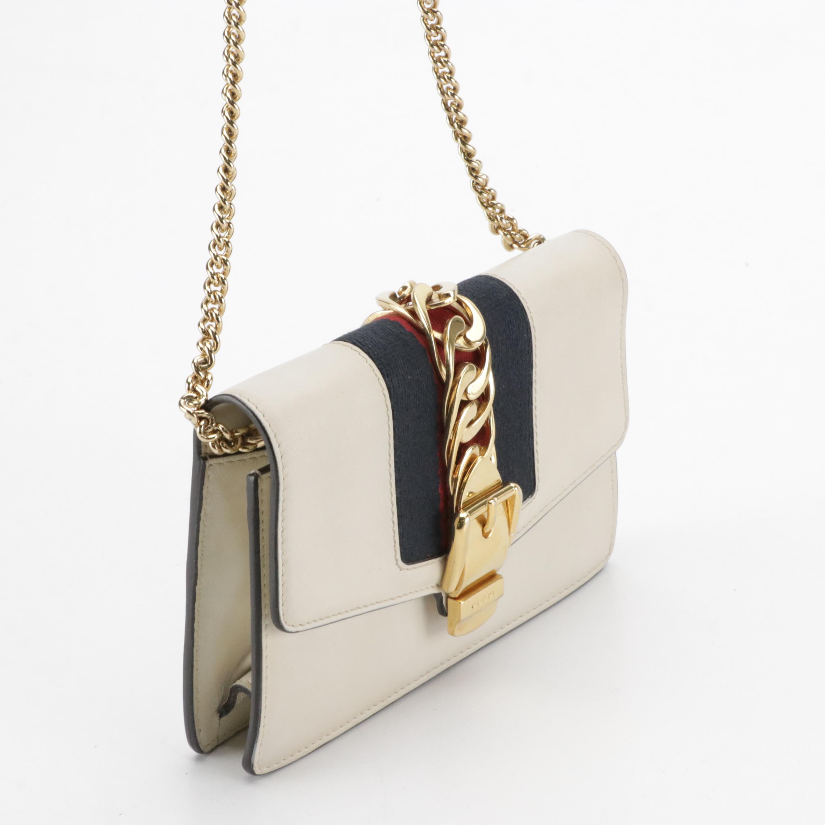Gucci Mini Sylvie Chain Strap Clutch in Web Striped Ivory Calfskin Leather