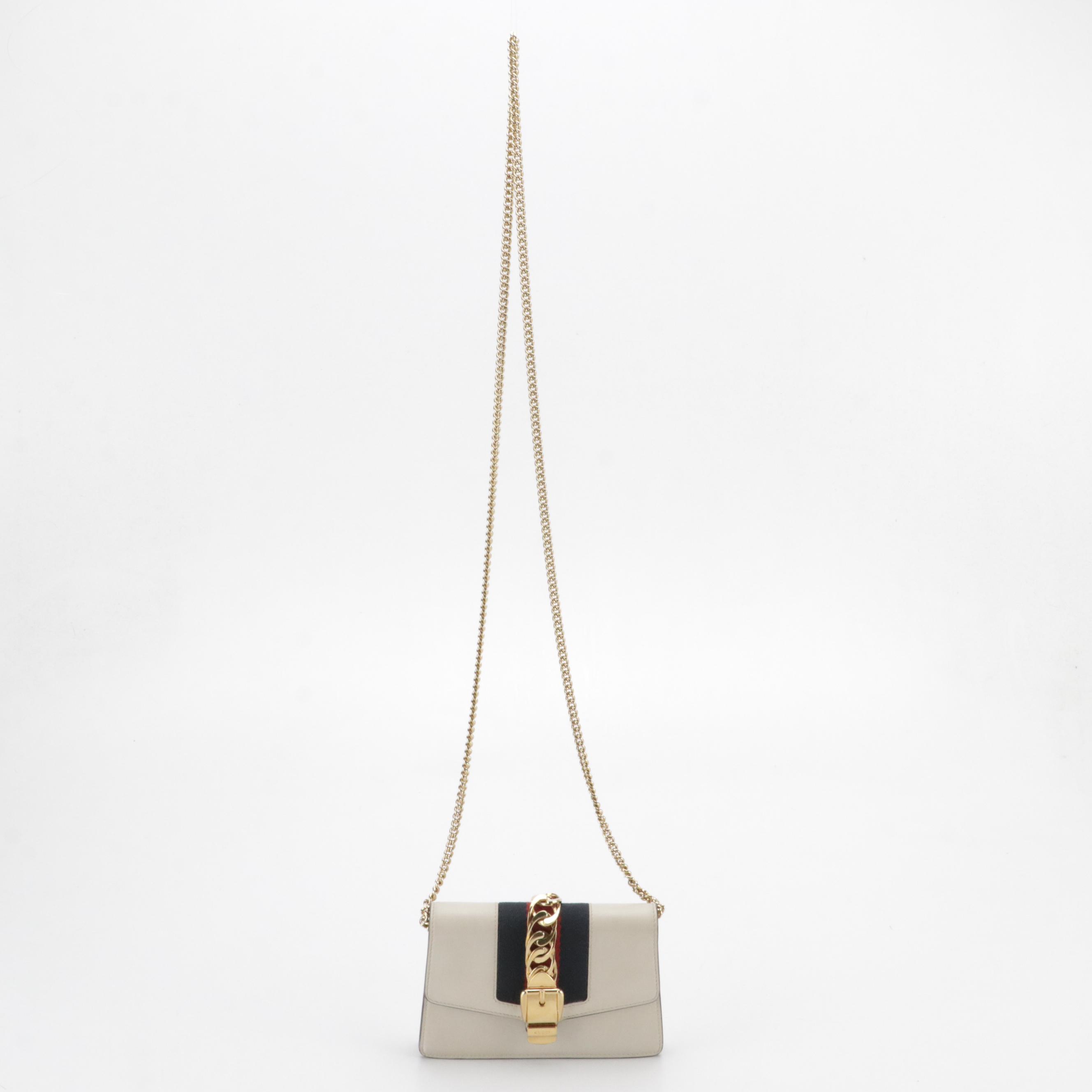 Gucci Mini Sylvie Chain Strap Clutch in Web Striped Ivory Calfskin Leather