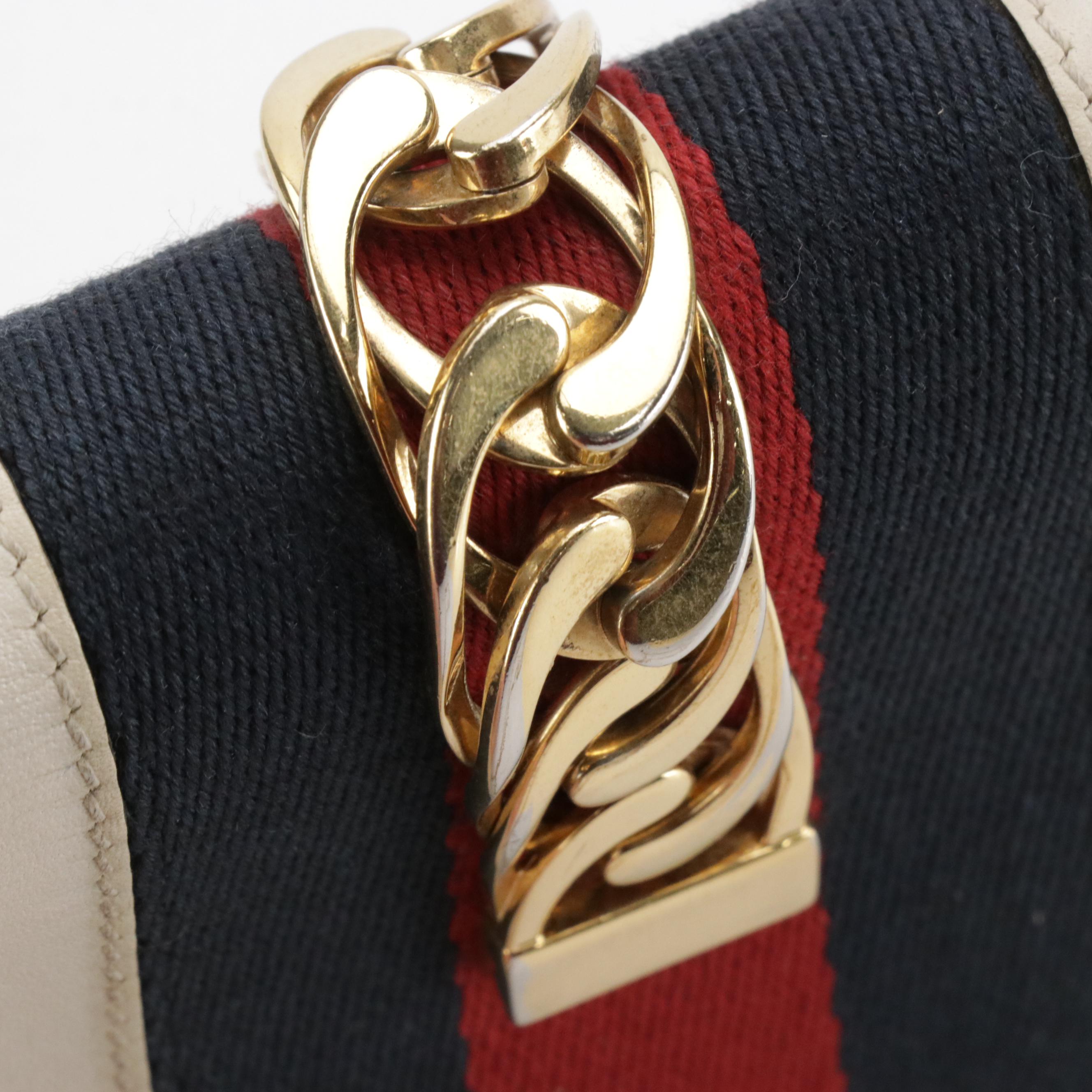 Gucci Mini Sylvie Chain Strap Clutch in Web Striped Ivory Calfskin Leather
