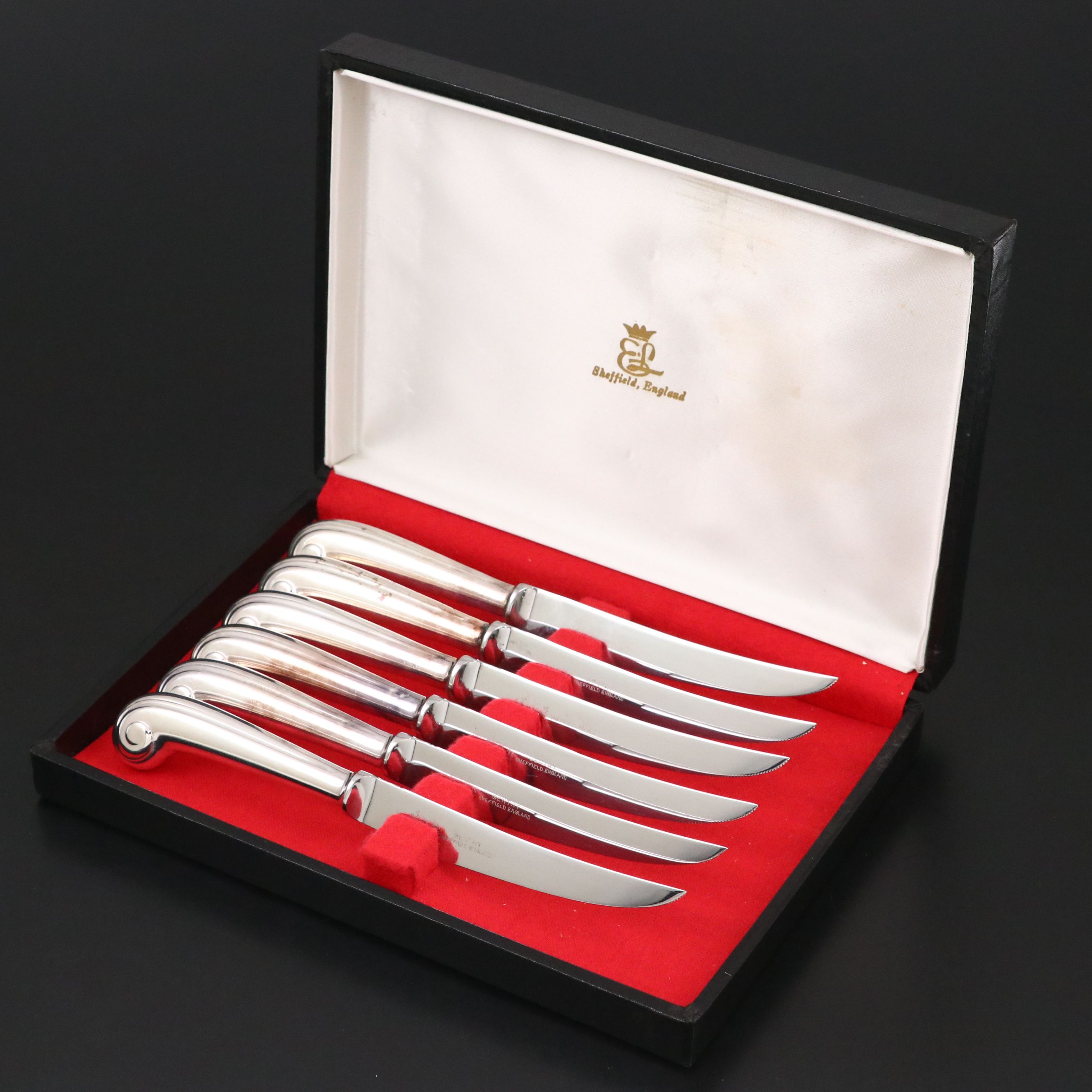Eisenberg-Lozano Silver Plate Scroll Handled Dinner Knives