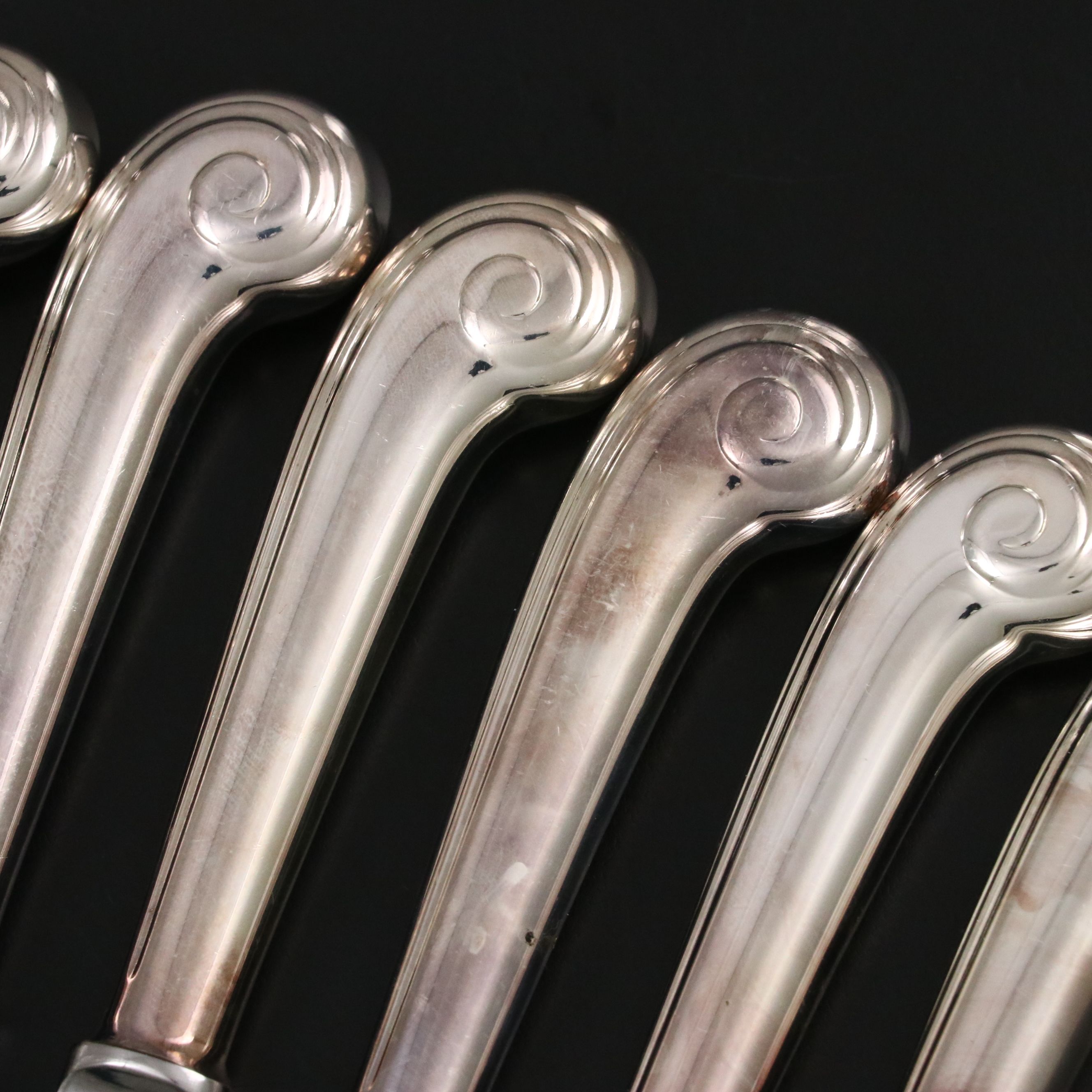 Eisenberg-Lozano Silver Plate Scroll Handled Dinner Knives