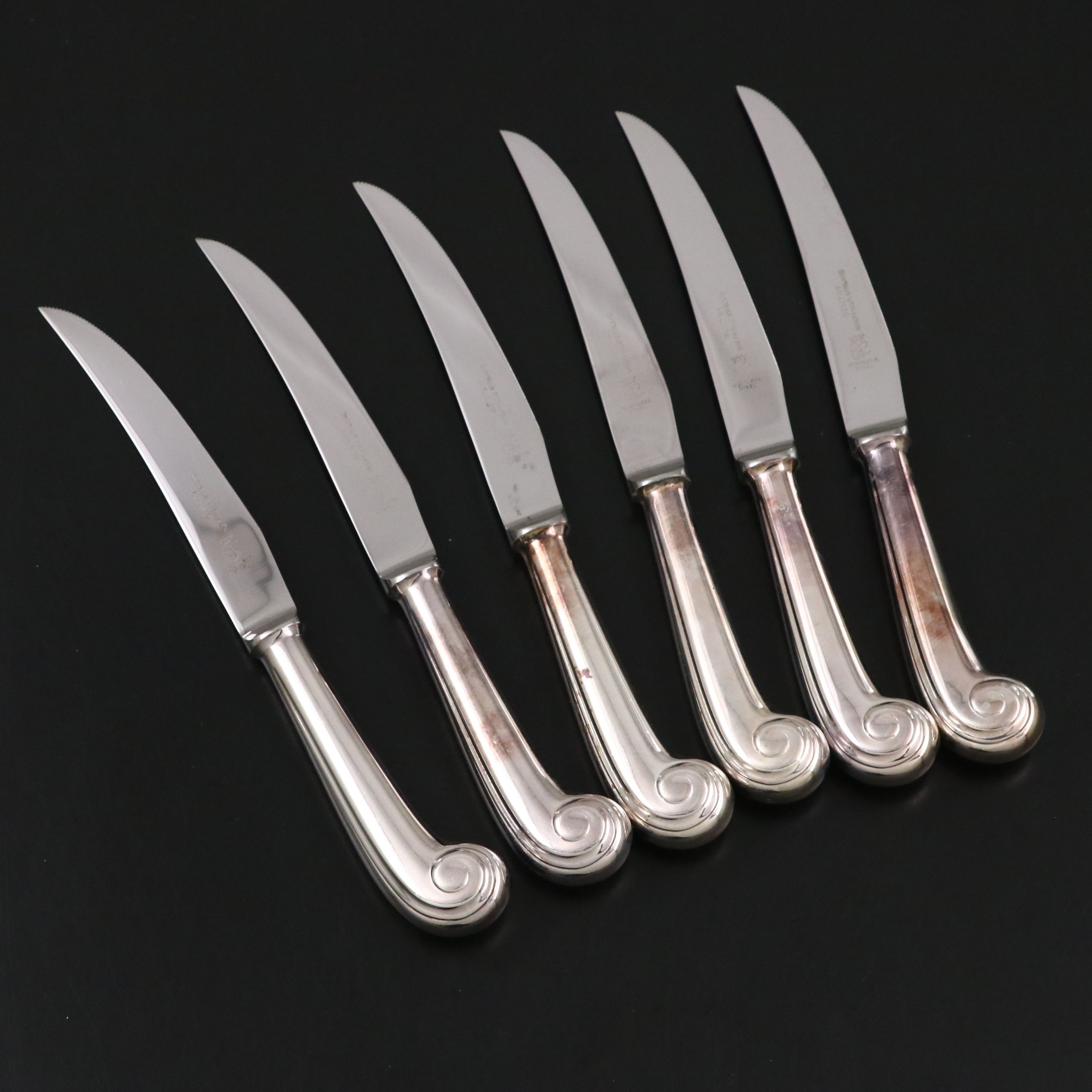 Eisenberg-Lozano Silver Plate Scroll Handled Dinner Knives