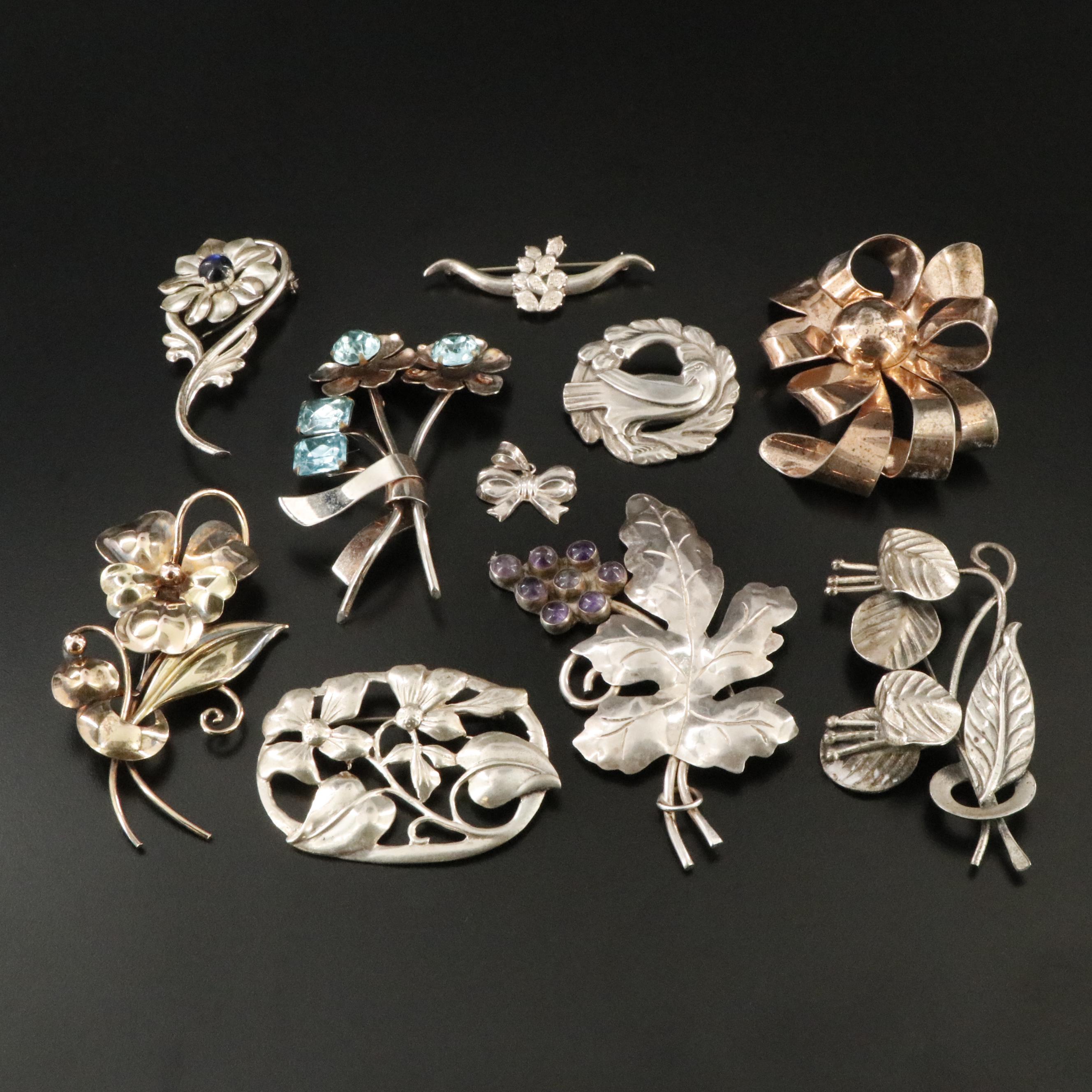 Vintage Sterling Floral Jewelry Collection Including Amethyst