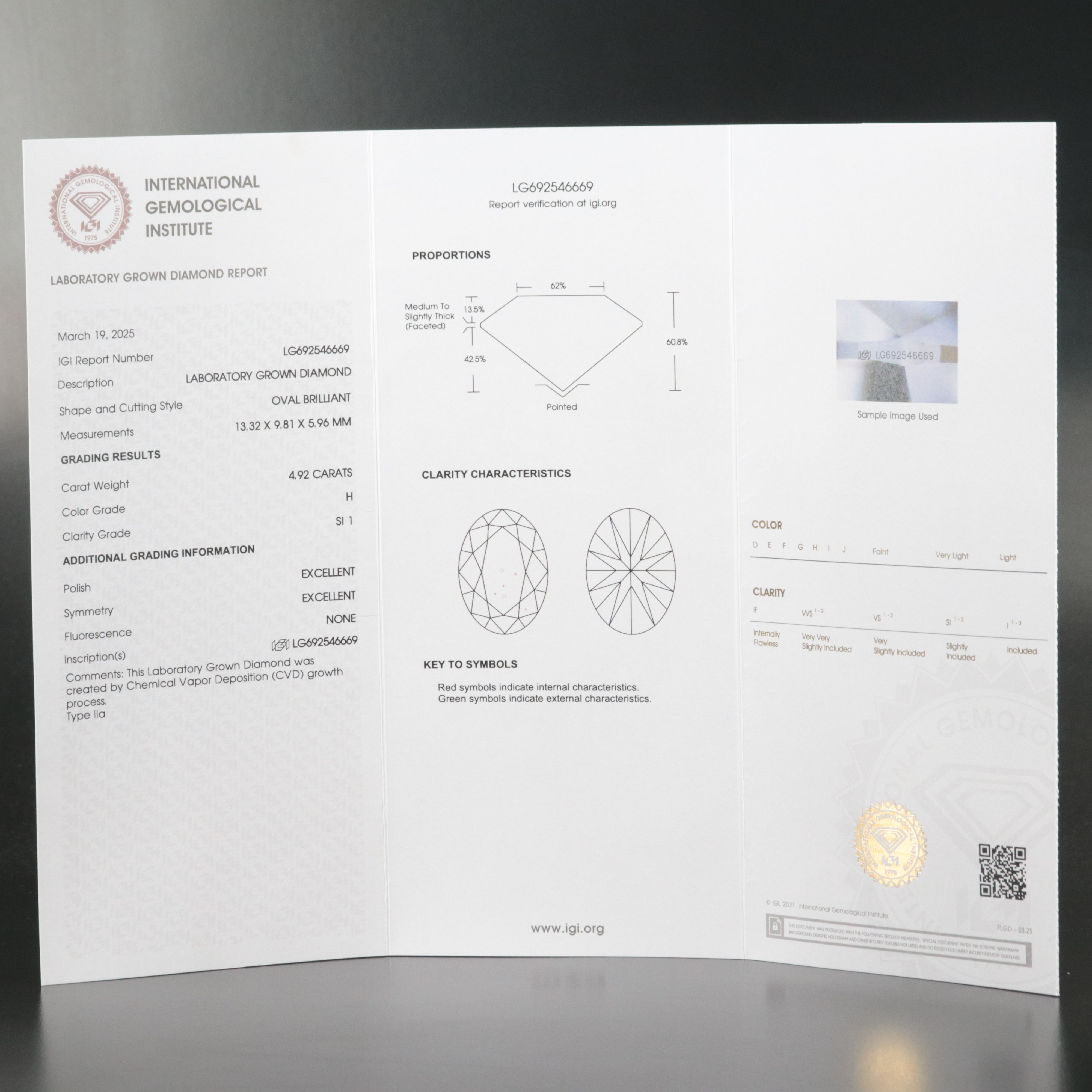 Loose 4.92 CT Lab Grown Diamond with IGI Report