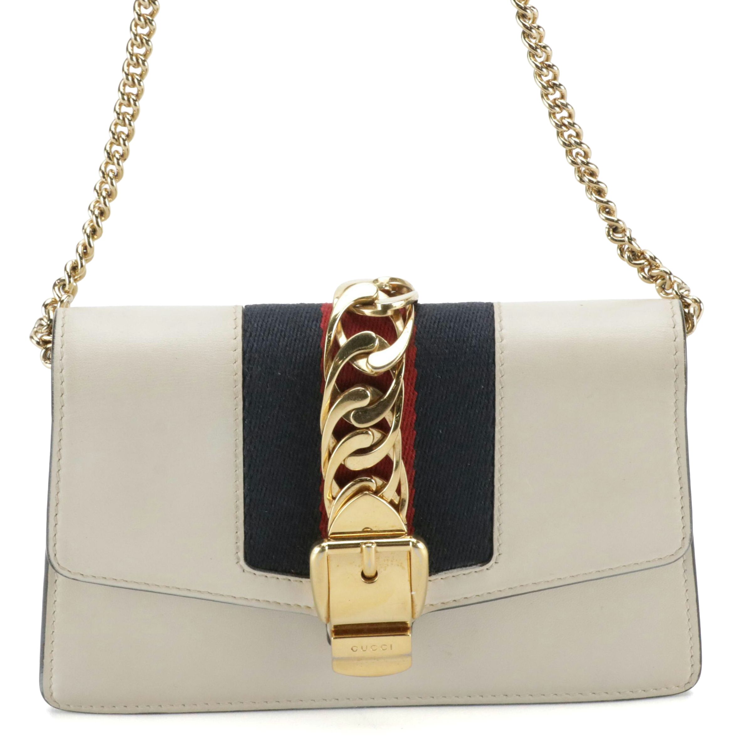 Gucci Mini Sylvie Chain Strap Clutch in Web Striped Ivory Calfskin Leather