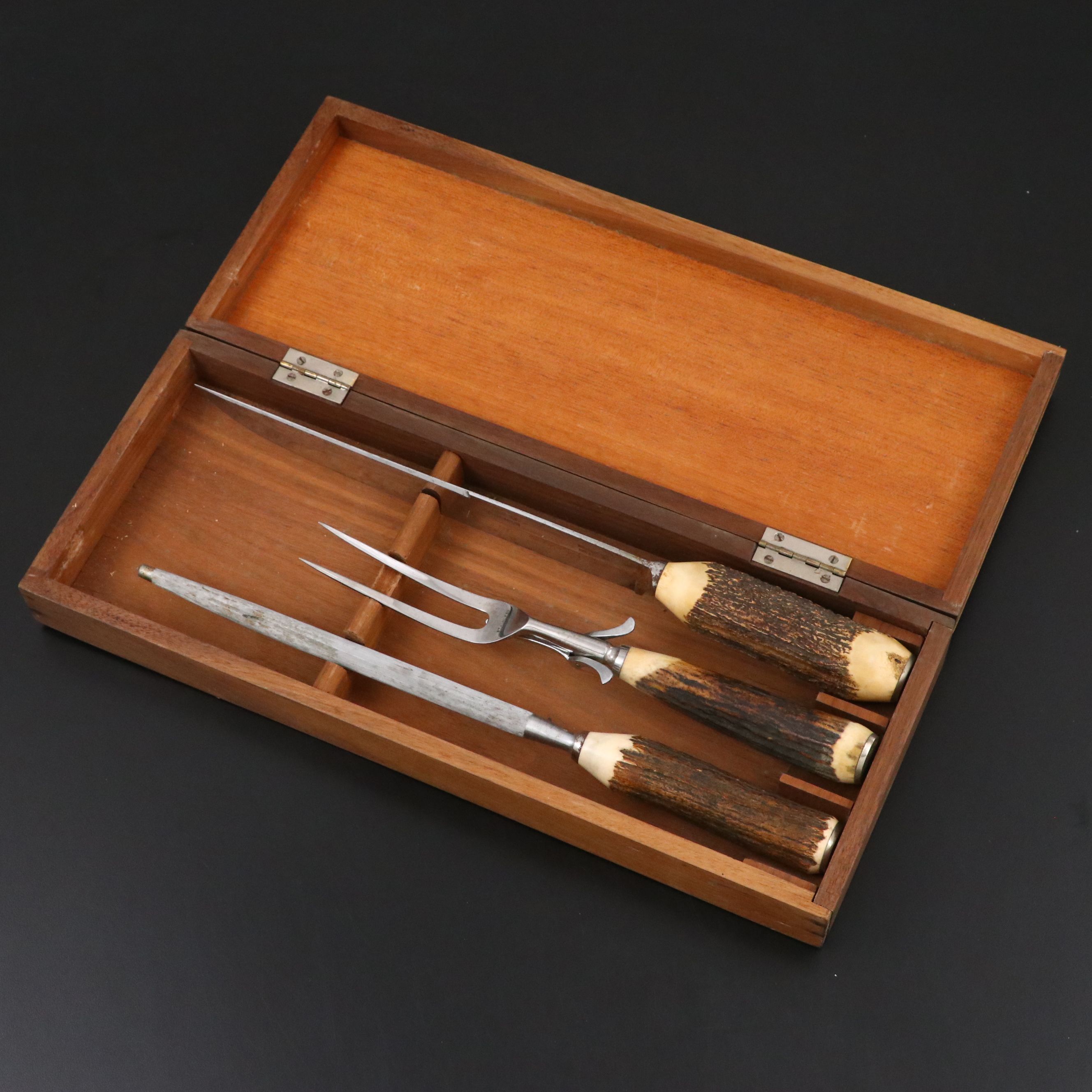 Case Antler Handled Carving Set in Wooden Storage Box