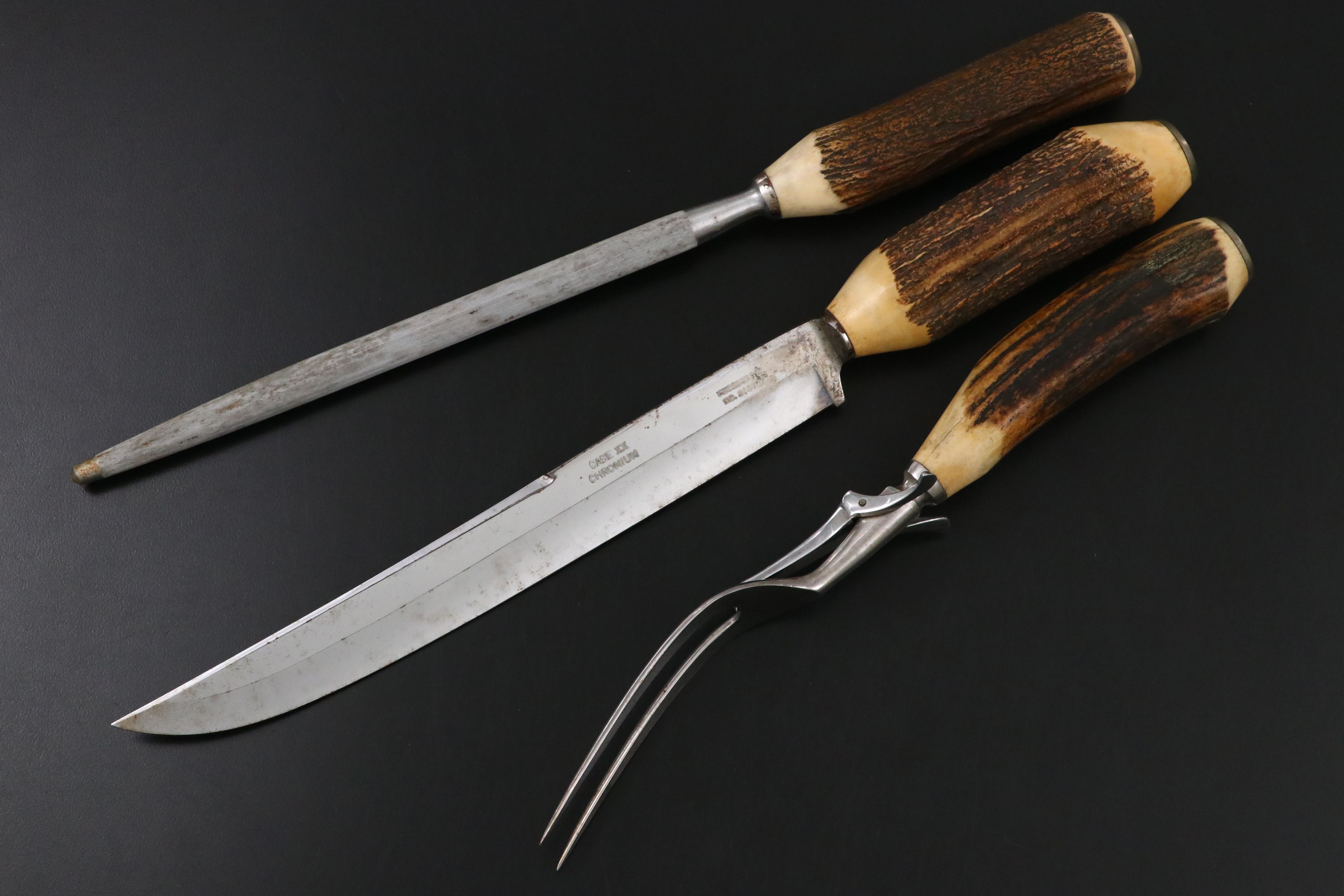 Case Antler Handled Carving Set in Wooden Storage Box