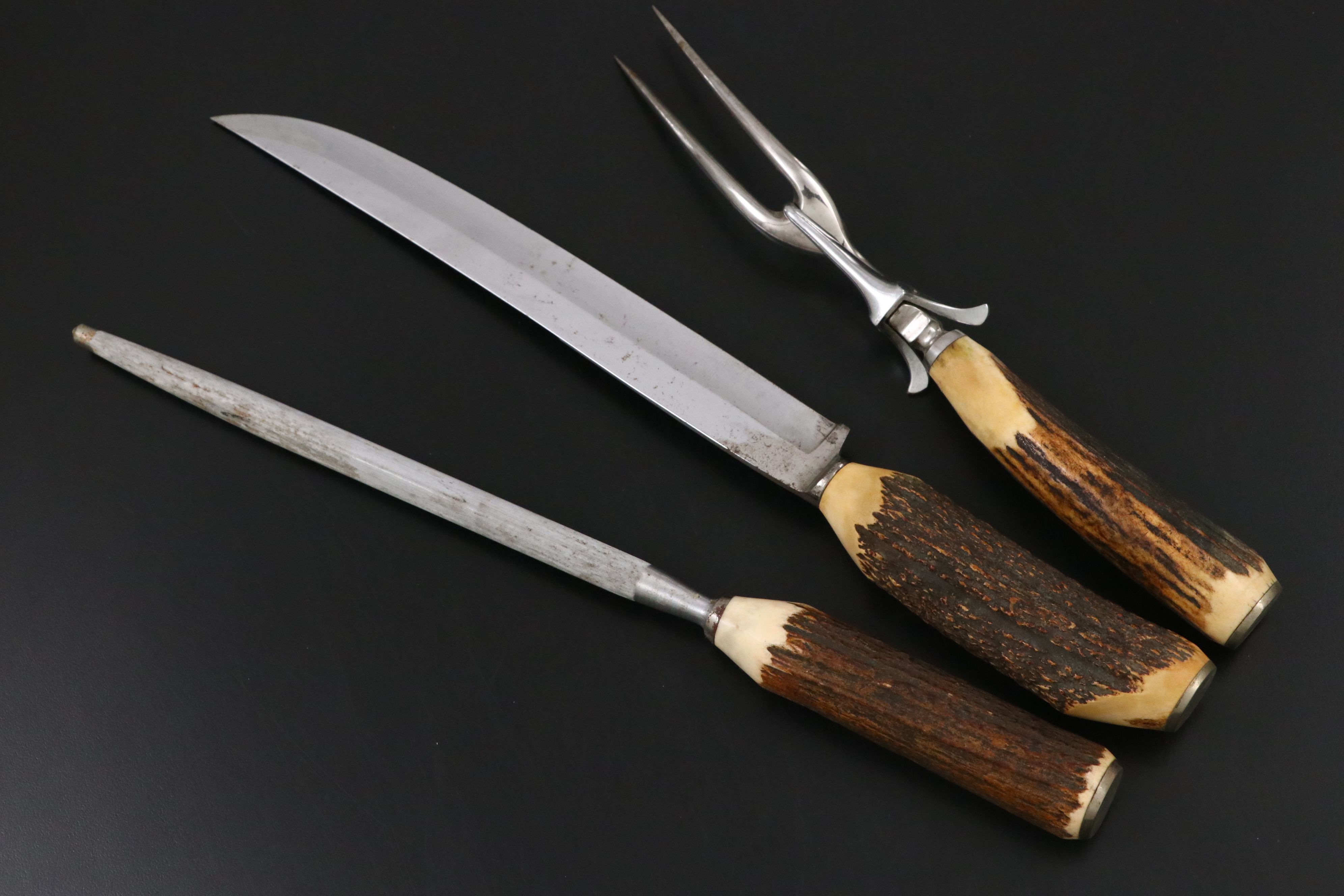 Case Antler Handled Carving Set in Wooden Storage Box