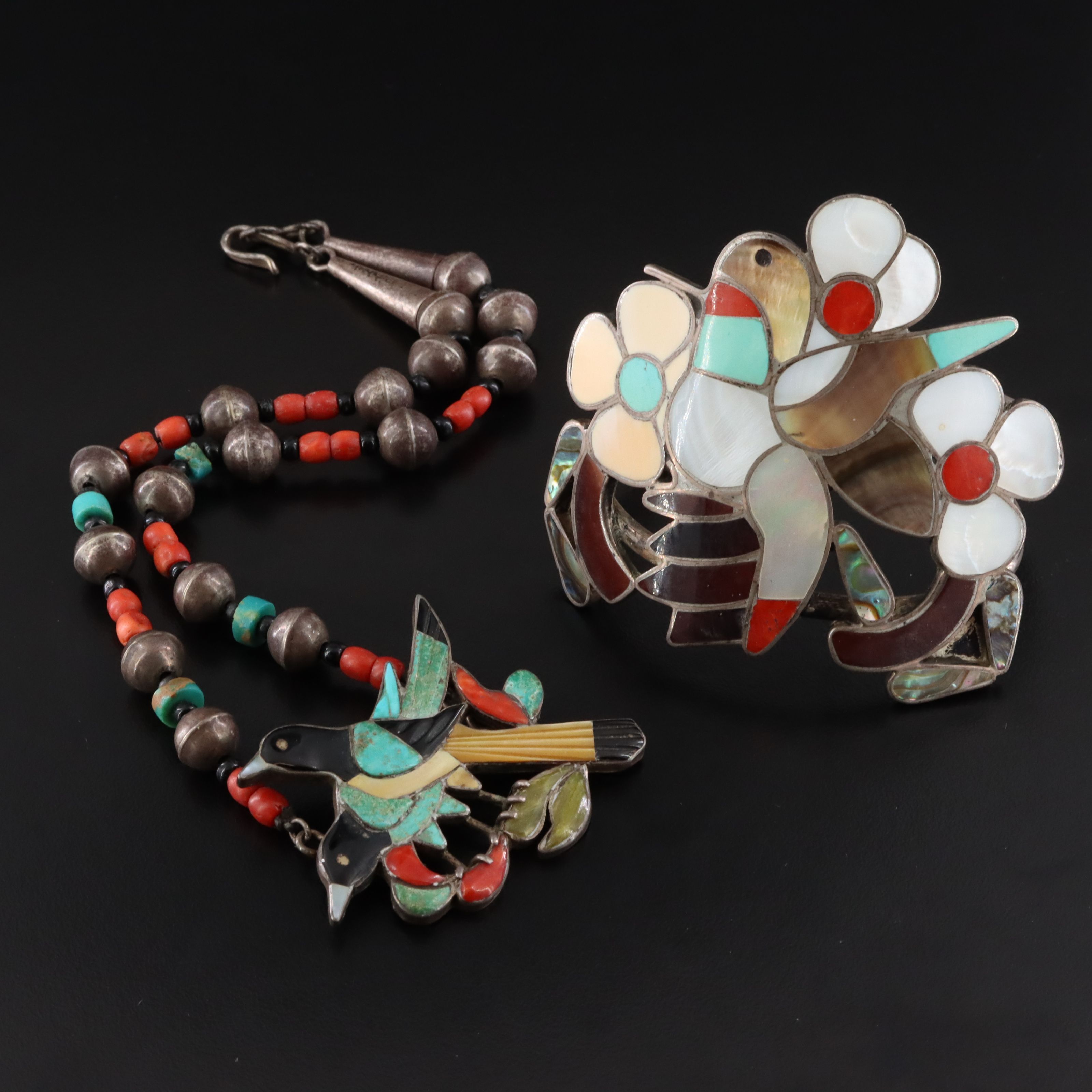 Southwestern Sterling Gemstone Inlay Bird Cuff Bracelet & Necklace