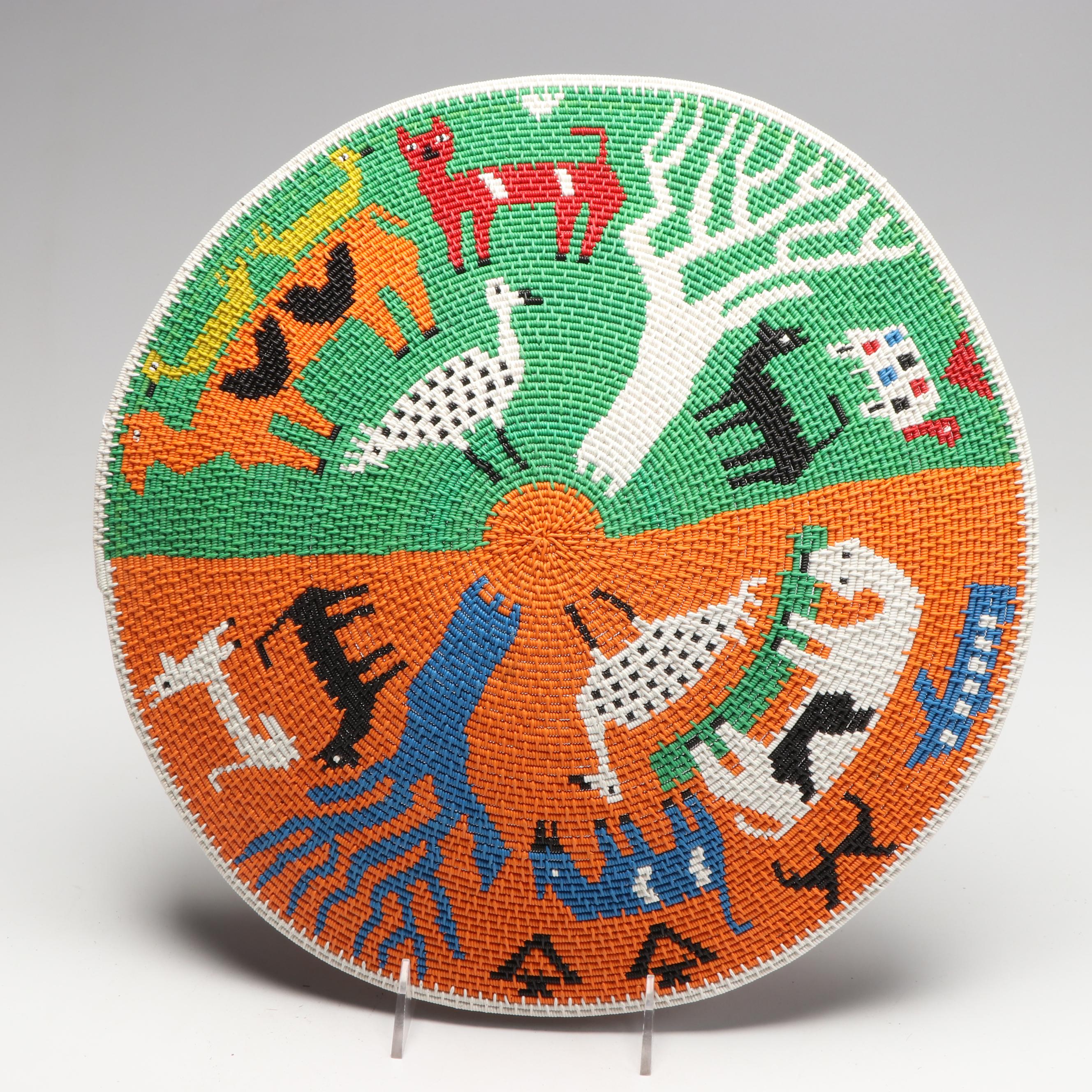 Zodwa Njwara African Zulu Telephone Wire Basket Depicting Animals and Trees