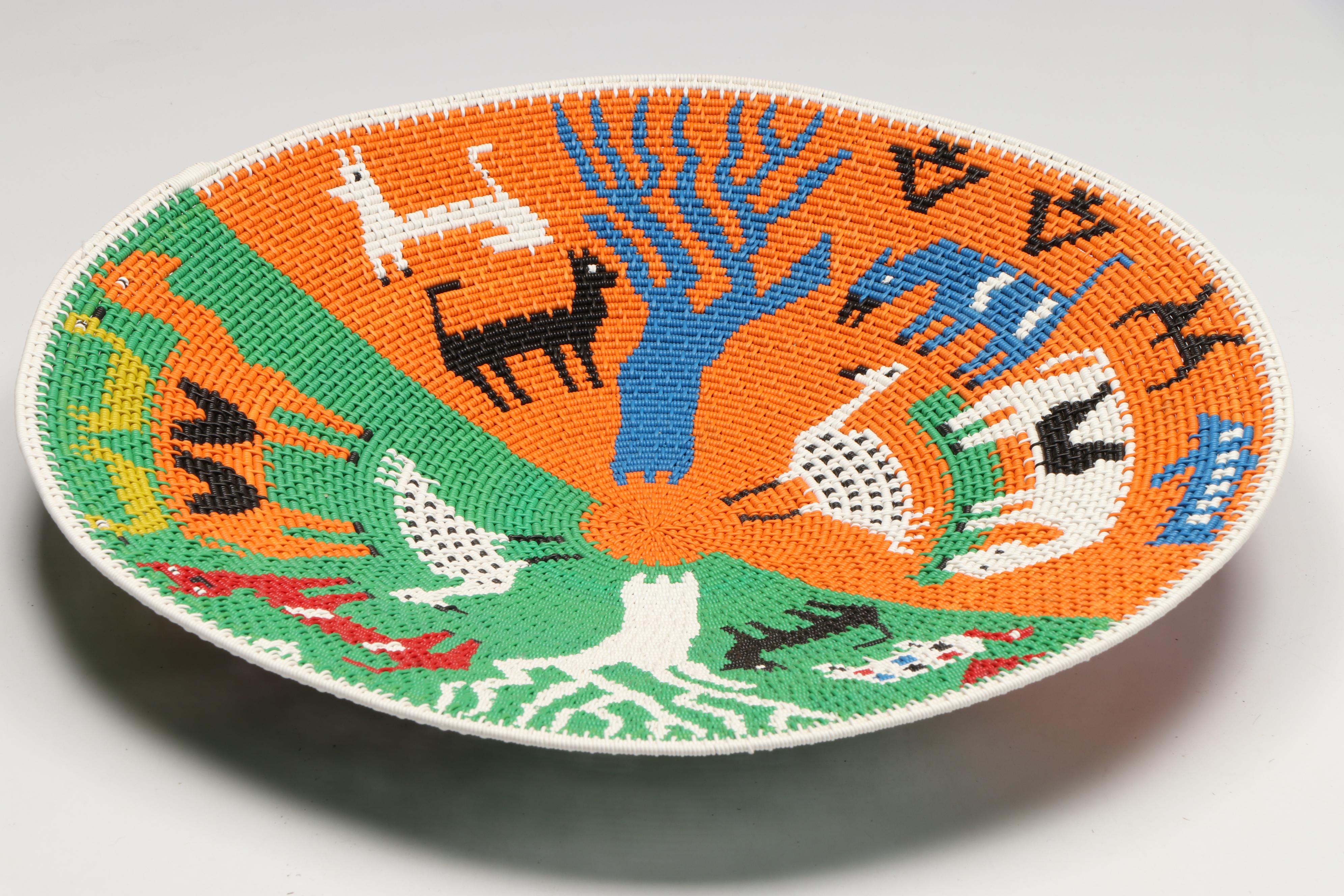 Zodwa Njwara African Zulu Telephone Wire Basket Depicting Animals and Trees