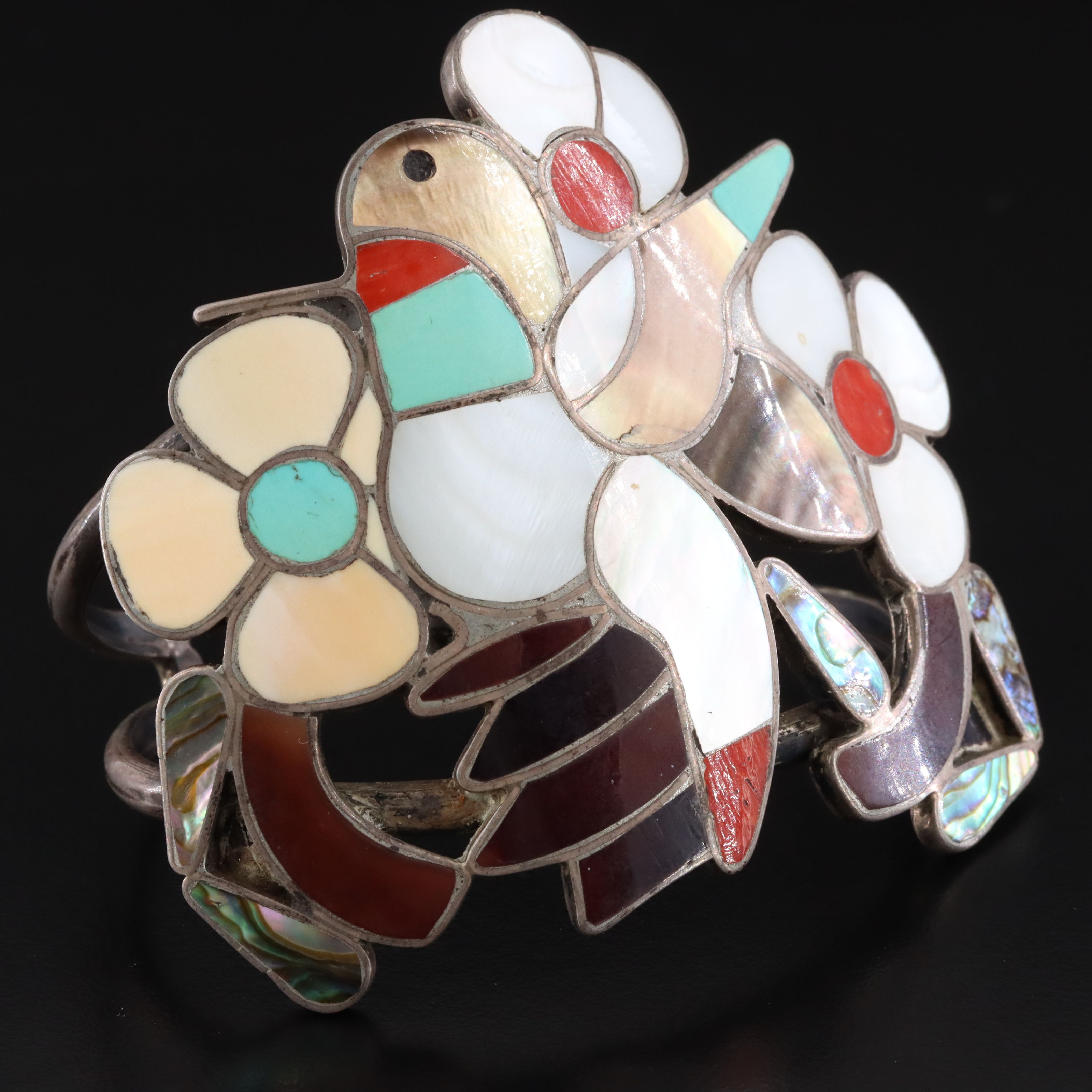 Southwestern Sterling Gemstone Inlay Bird Cuff Bracelet & Necklace