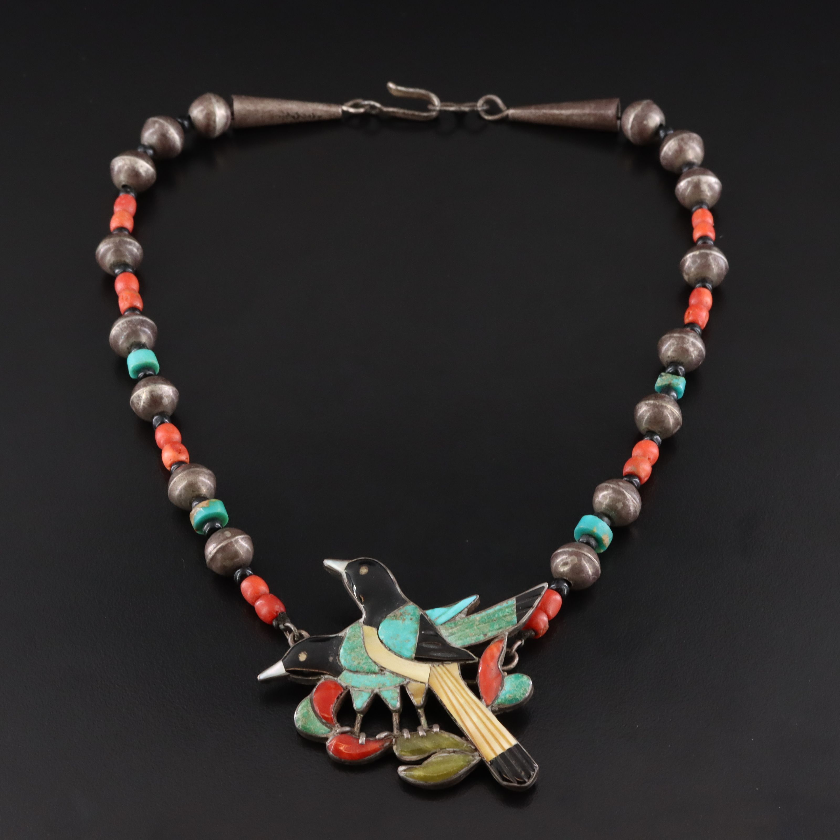 Southwestern Sterling Gemstone Inlay Bird Cuff Bracelet & Necklace