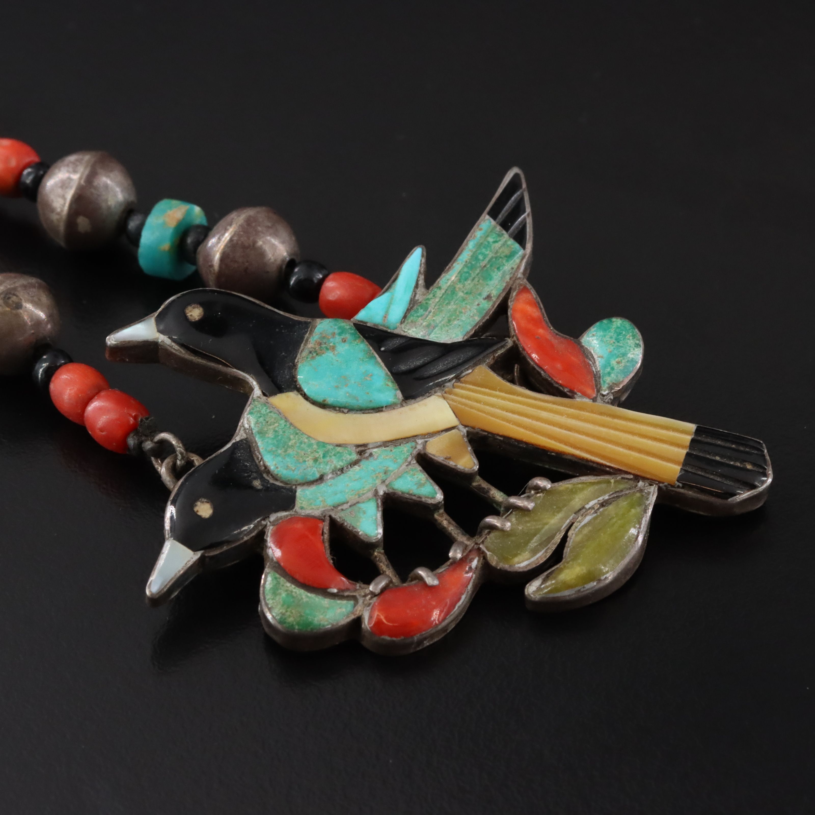 Southwestern Sterling Gemstone Inlay Bird Cuff Bracelet & Necklace