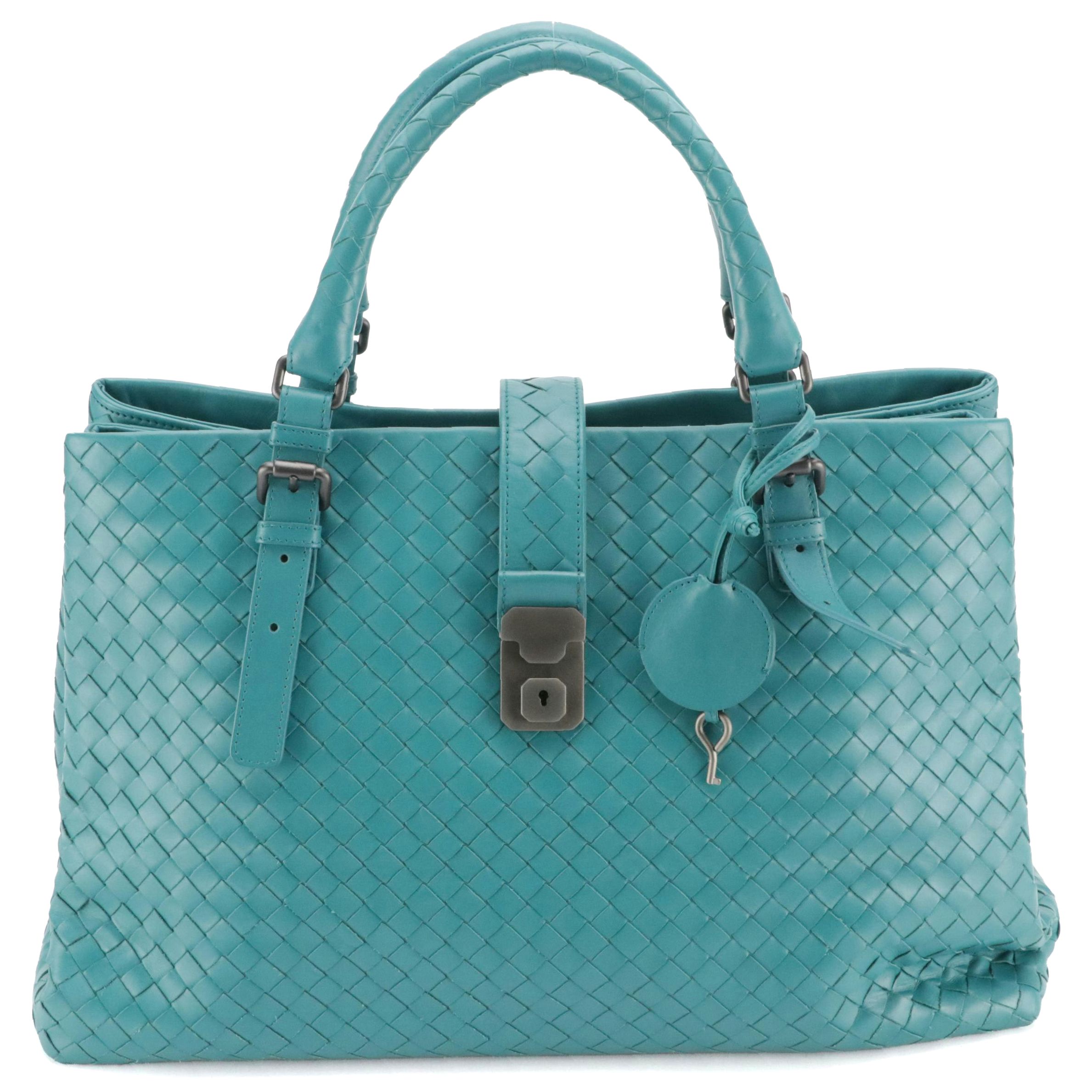 Bottega Veneta Roma Satchel in Turquoise Intrecciato Calfskin Leather