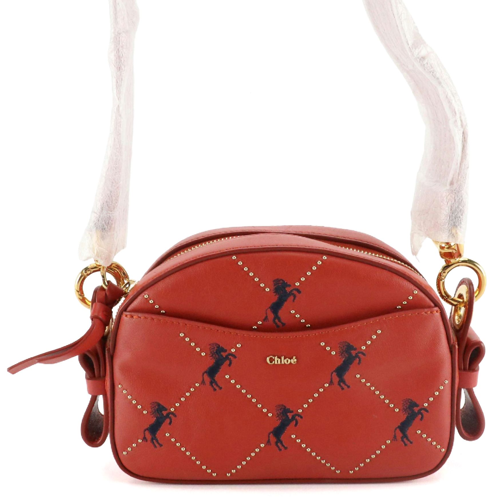 Chloé Horse Embroidered and Studded Vermillion Leather Crossbody Bag