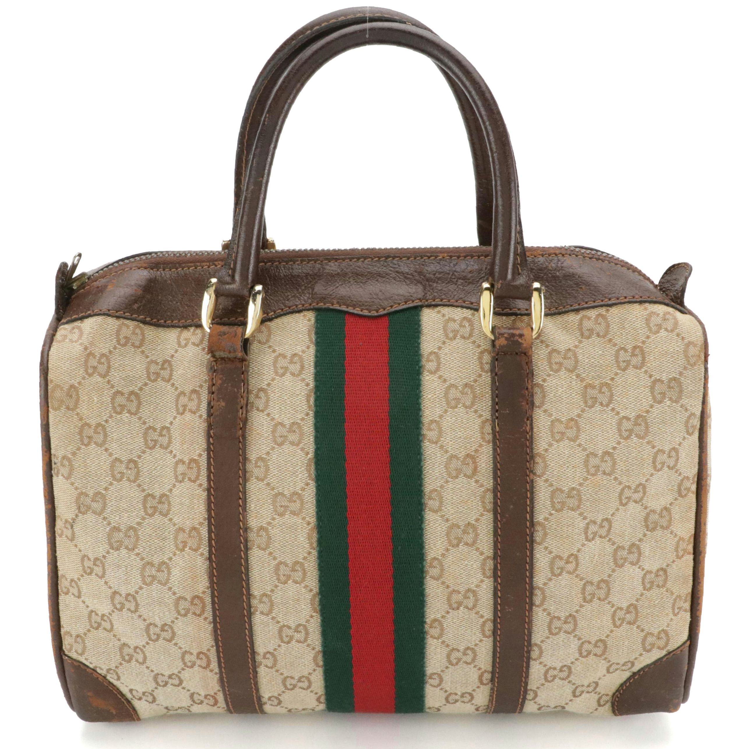 Gucci Web Stripe Boston Bag in GG Canvas with Leather Trim, 1960s