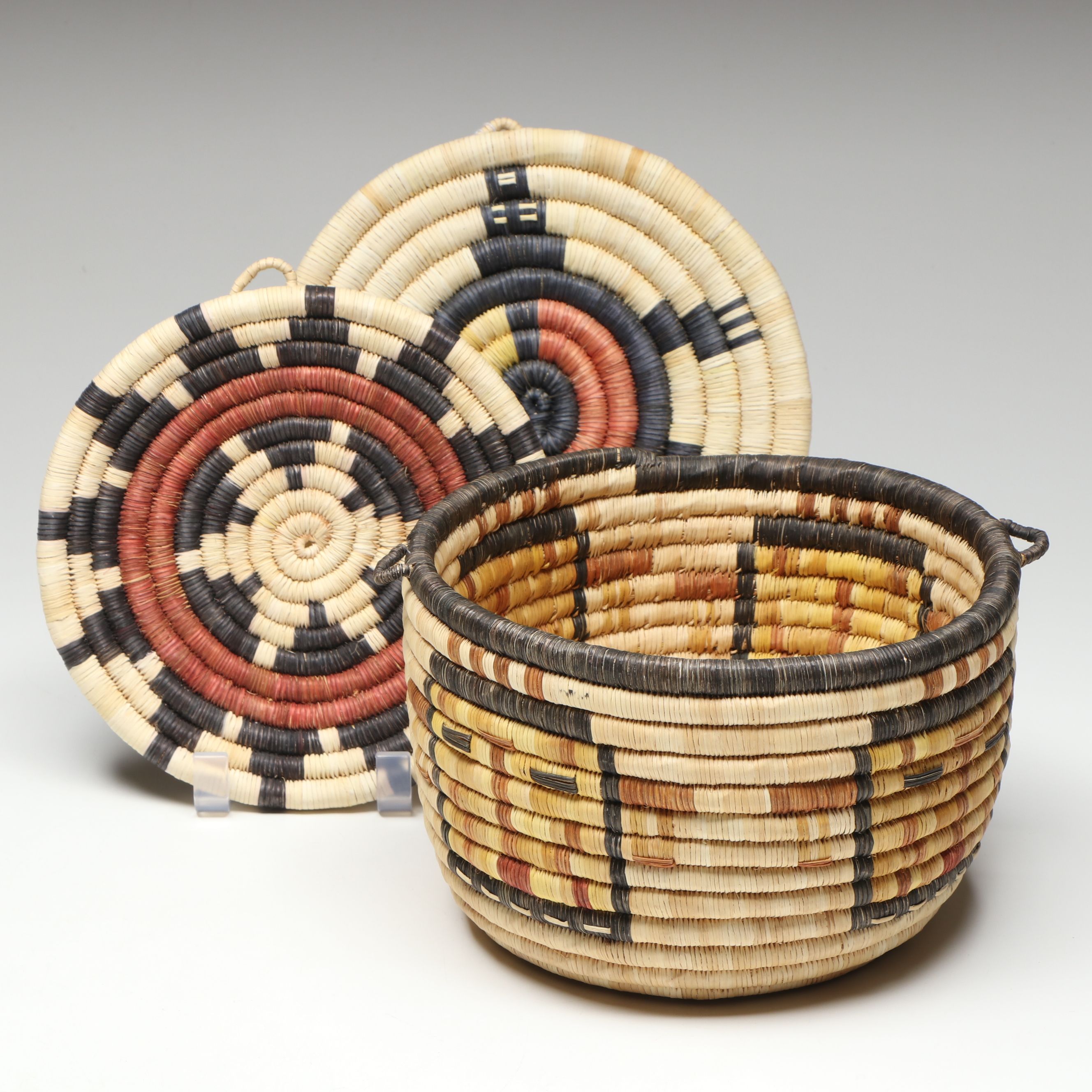 Hopi Woven Yucca Basket with Kachina Style Faces and Other Coiled Plaques