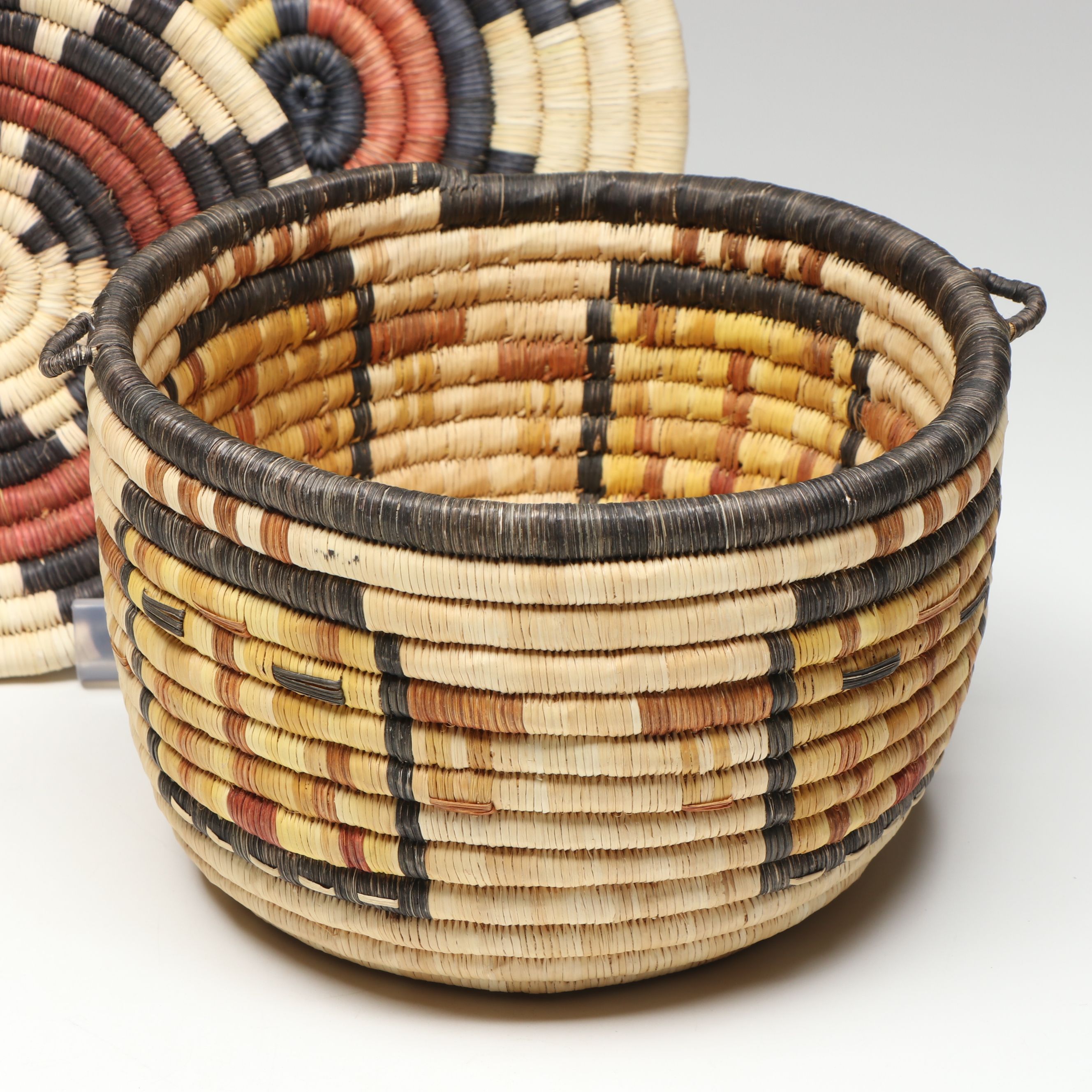 Hopi Woven Yucca Basket with Kachina Style Faces and Other Coiled Plaques