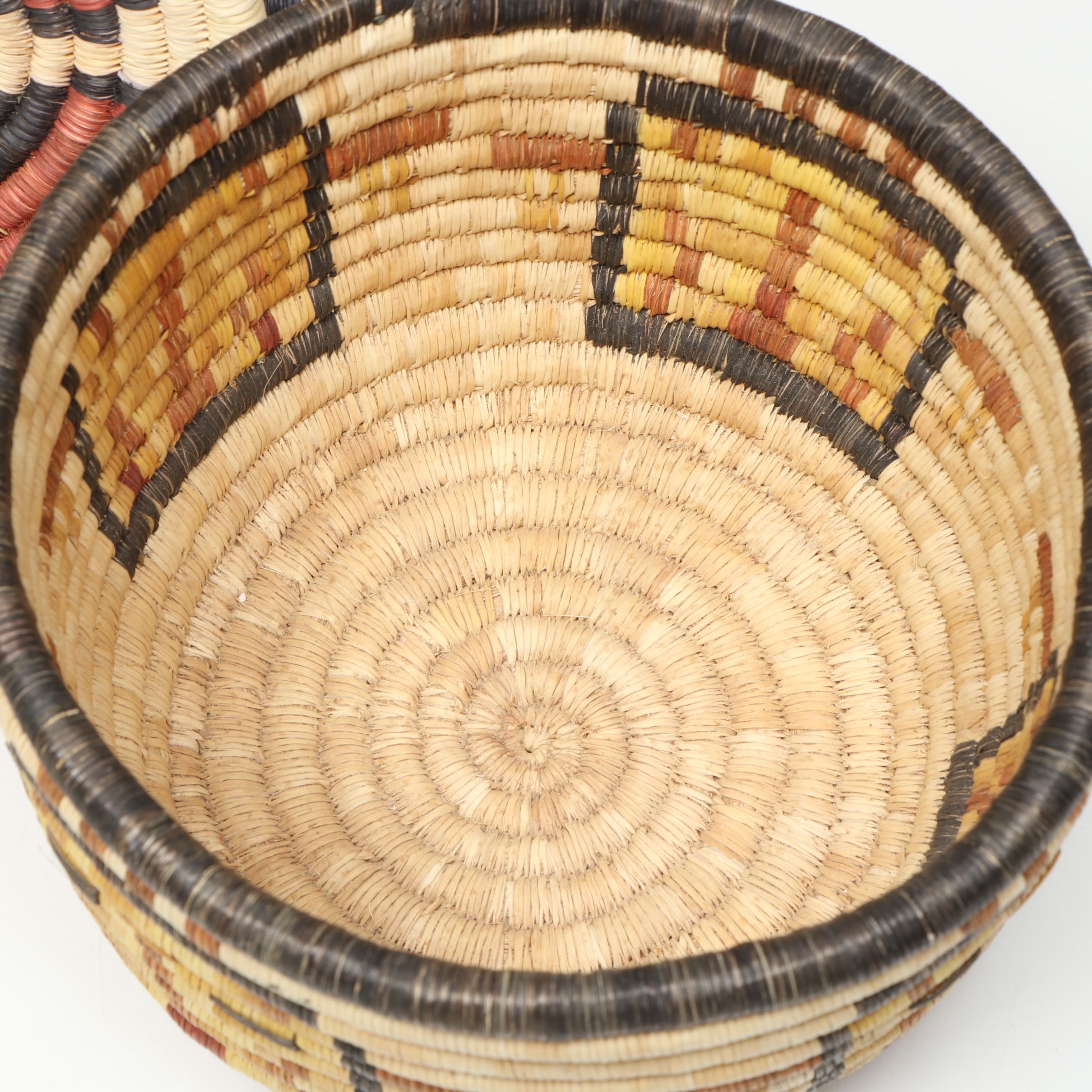 Hopi Woven Yucca Basket with Kachina Style Faces and Other Coiled Plaques