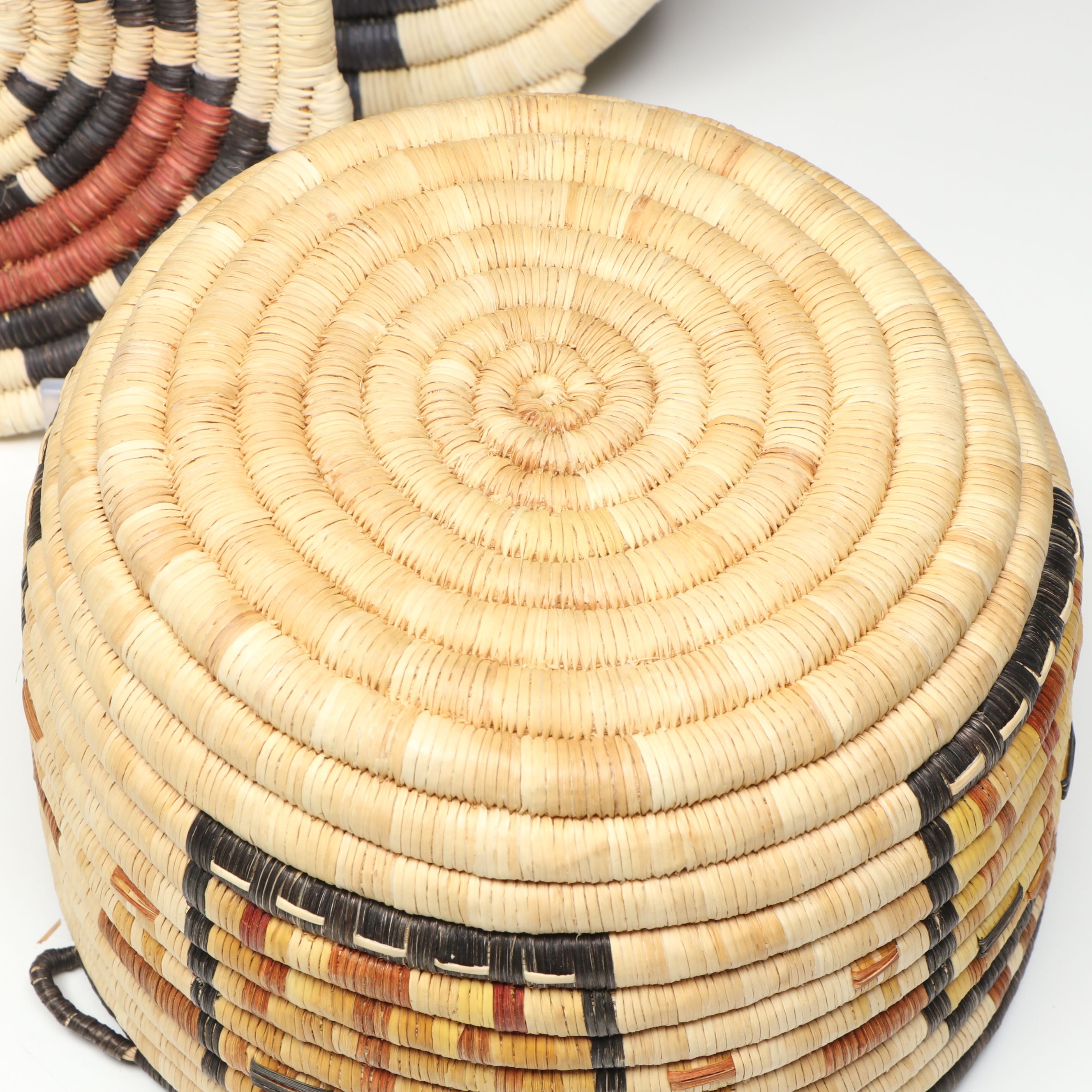 Hopi Woven Yucca Basket with Kachina Style Faces and Other Coiled Plaques