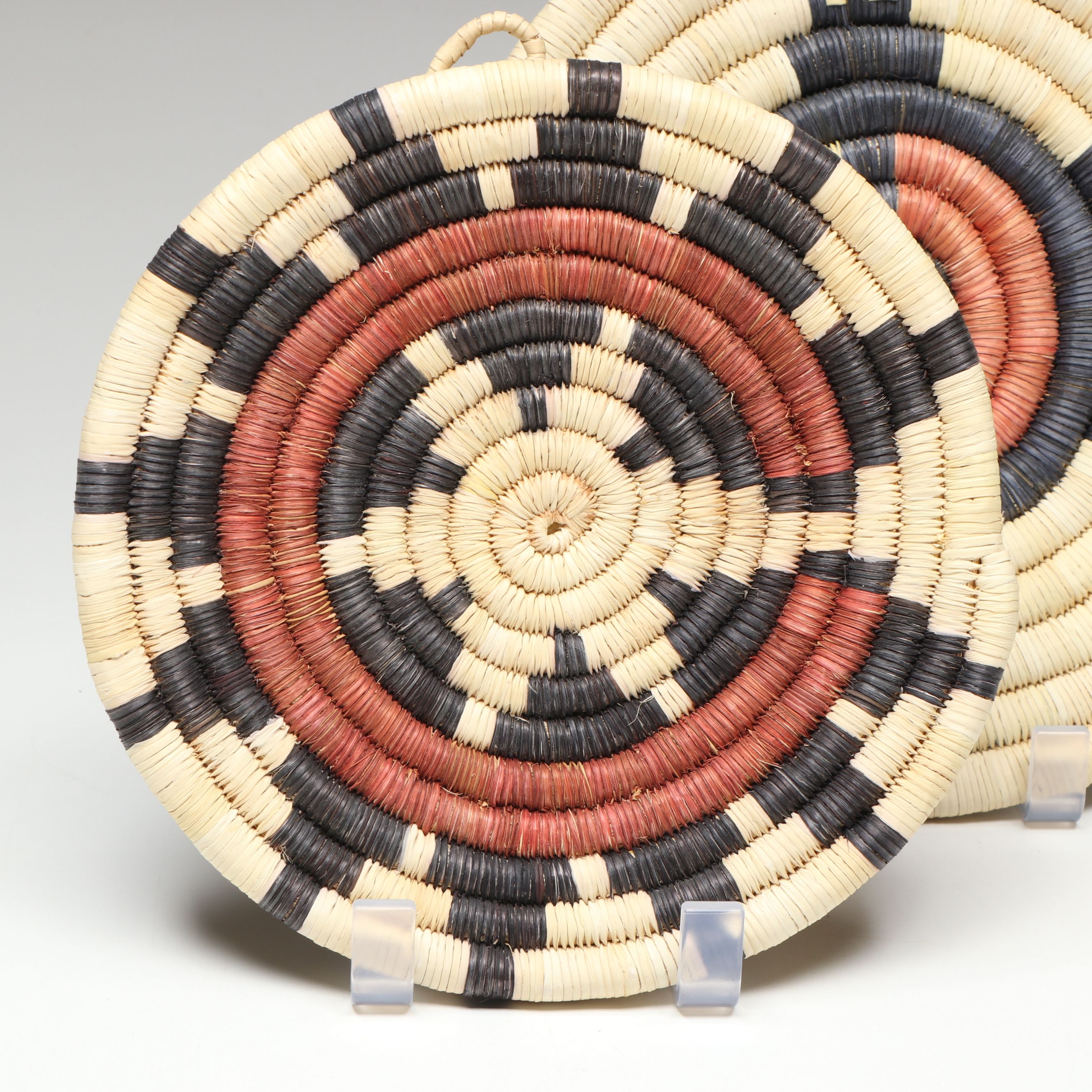 Hopi Woven Yucca Basket with Kachina Style Faces and Other Coiled Plaques