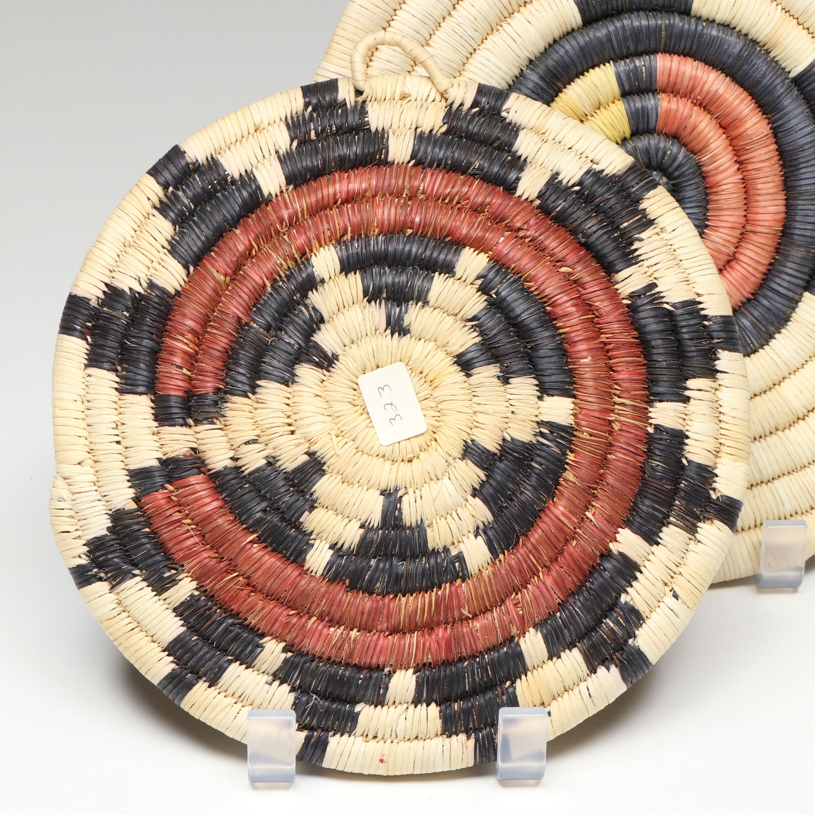Hopi Woven Yucca Basket with Kachina Style Faces and Other Coiled Plaques