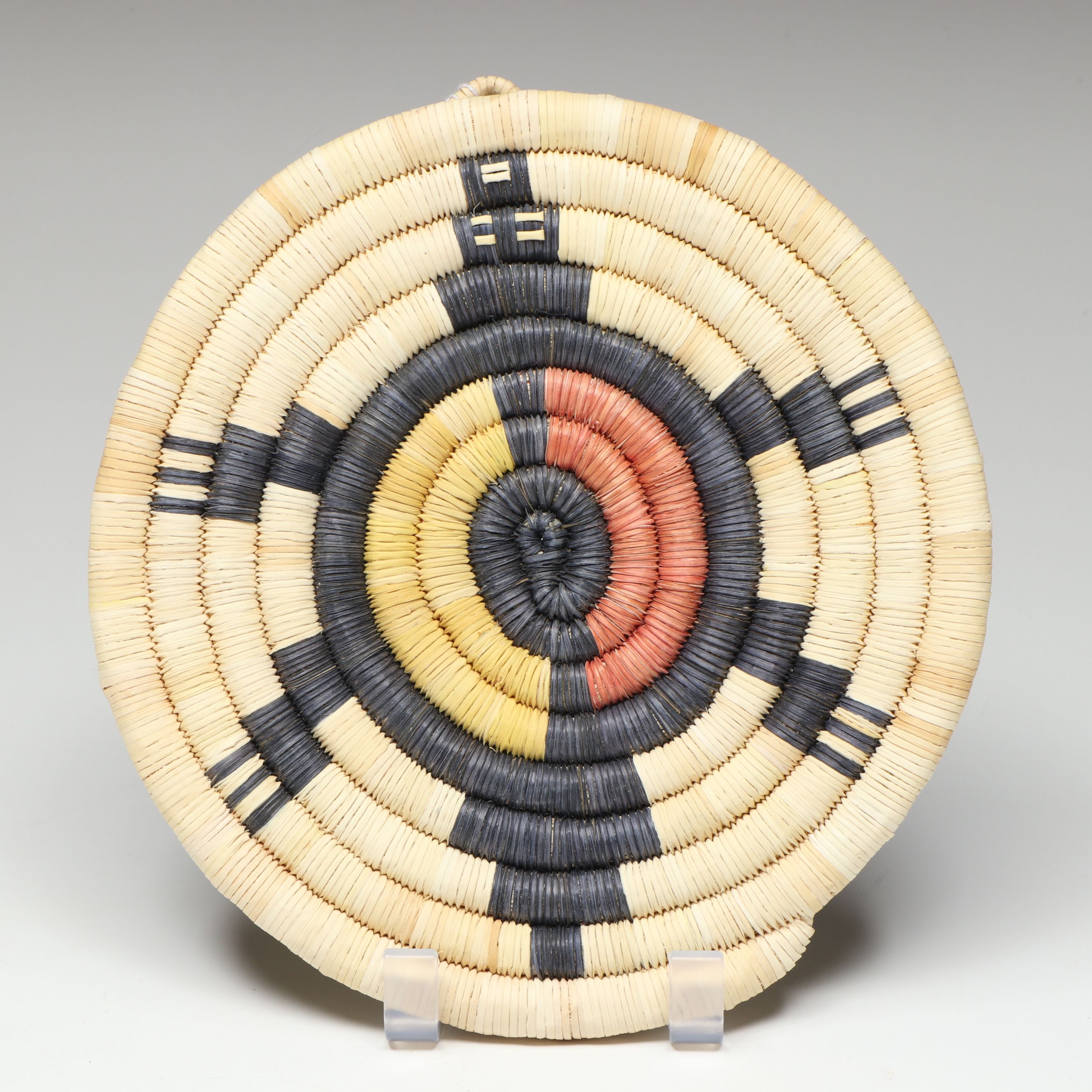 Hopi Woven Yucca Basket with Kachina Style Faces and Other Coiled Plaques