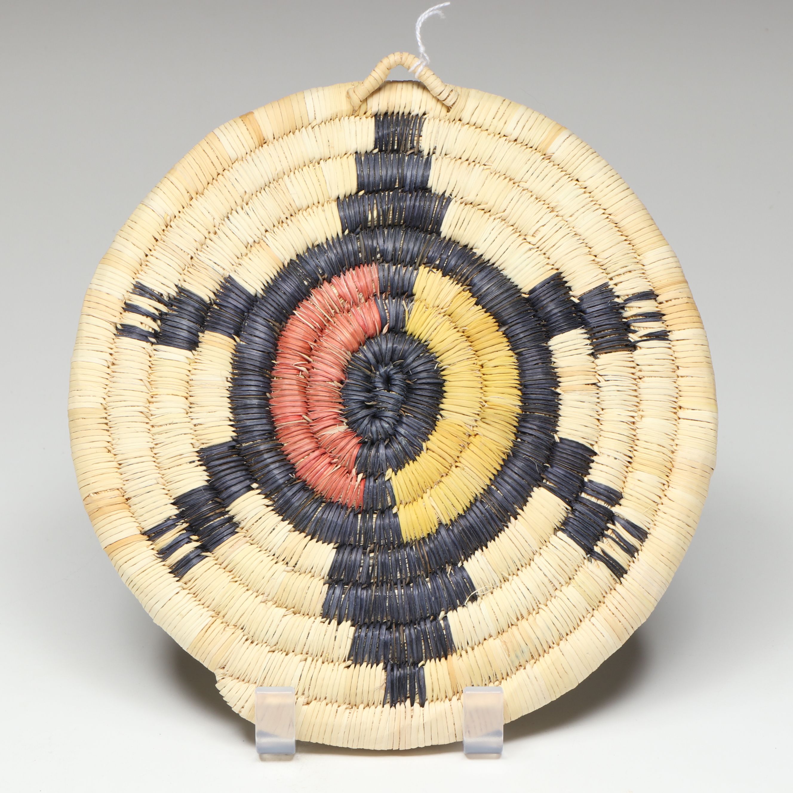 Hopi Woven Yucca Basket with Kachina Style Faces and Other Coiled Plaques