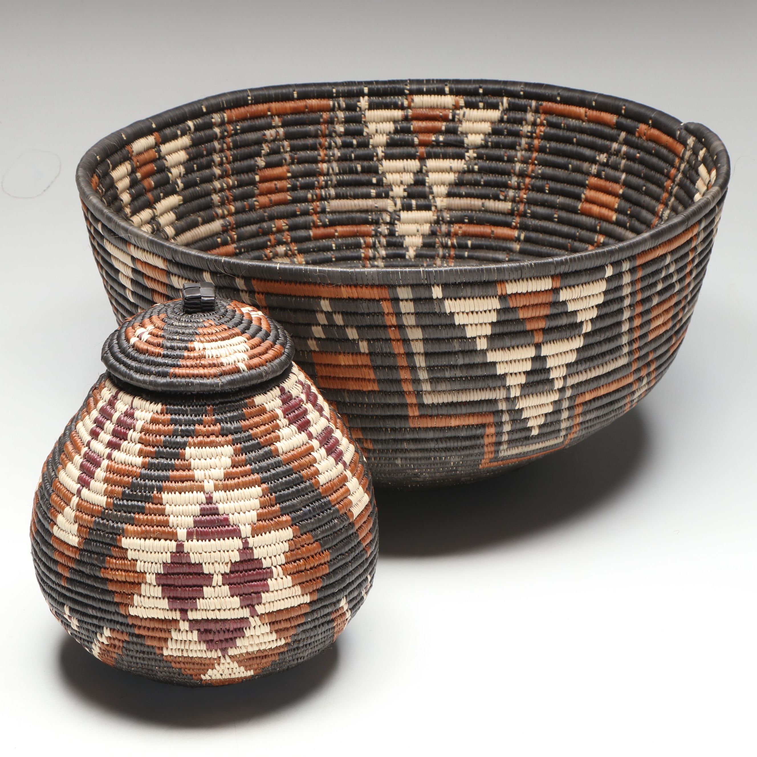 Alice Simelane South African Zulu Woven Ilala Palm Bowl and Other Lidded Basket