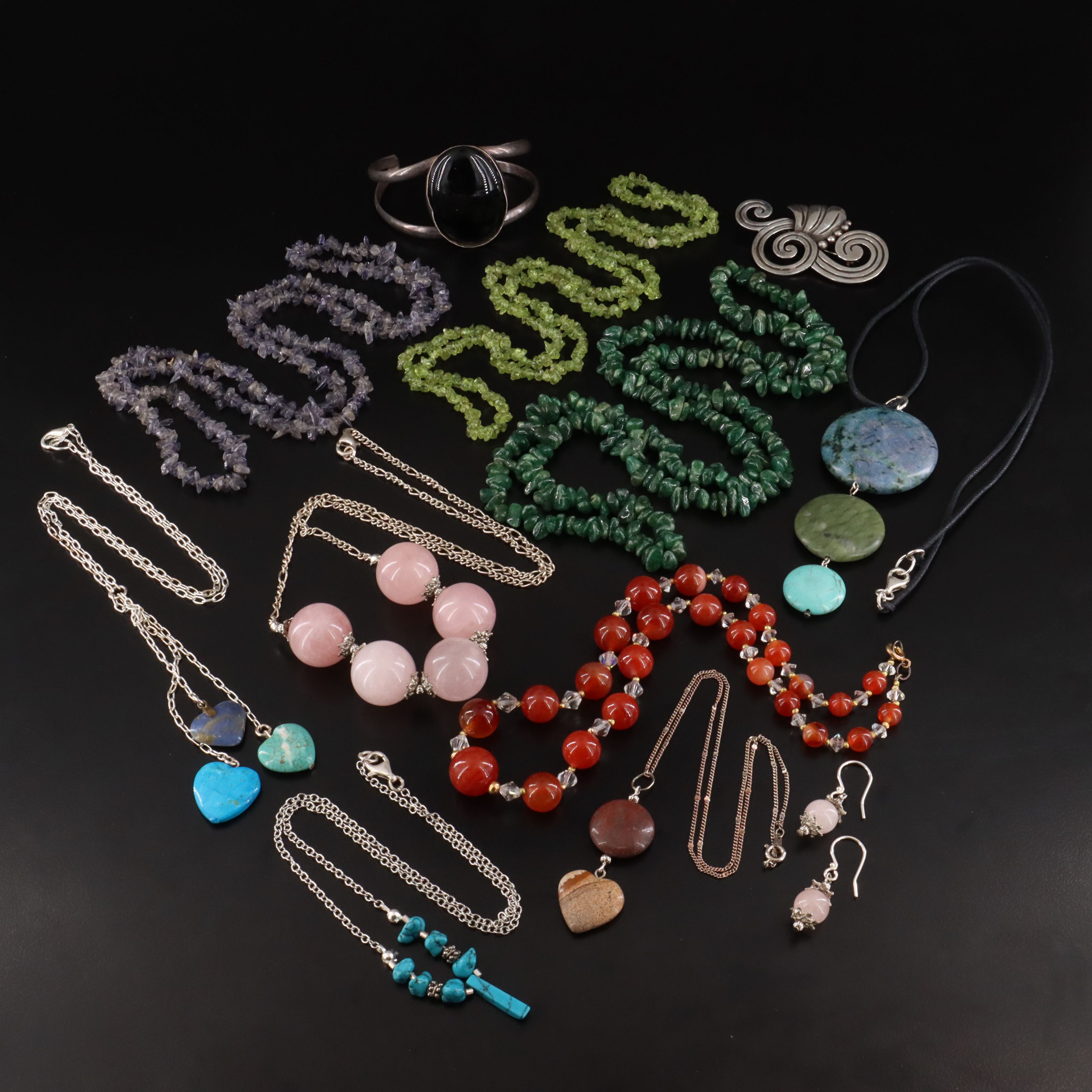 Gemstone Jewelry Collection Including Sterling and Taxco Mexican Maricela Brooch