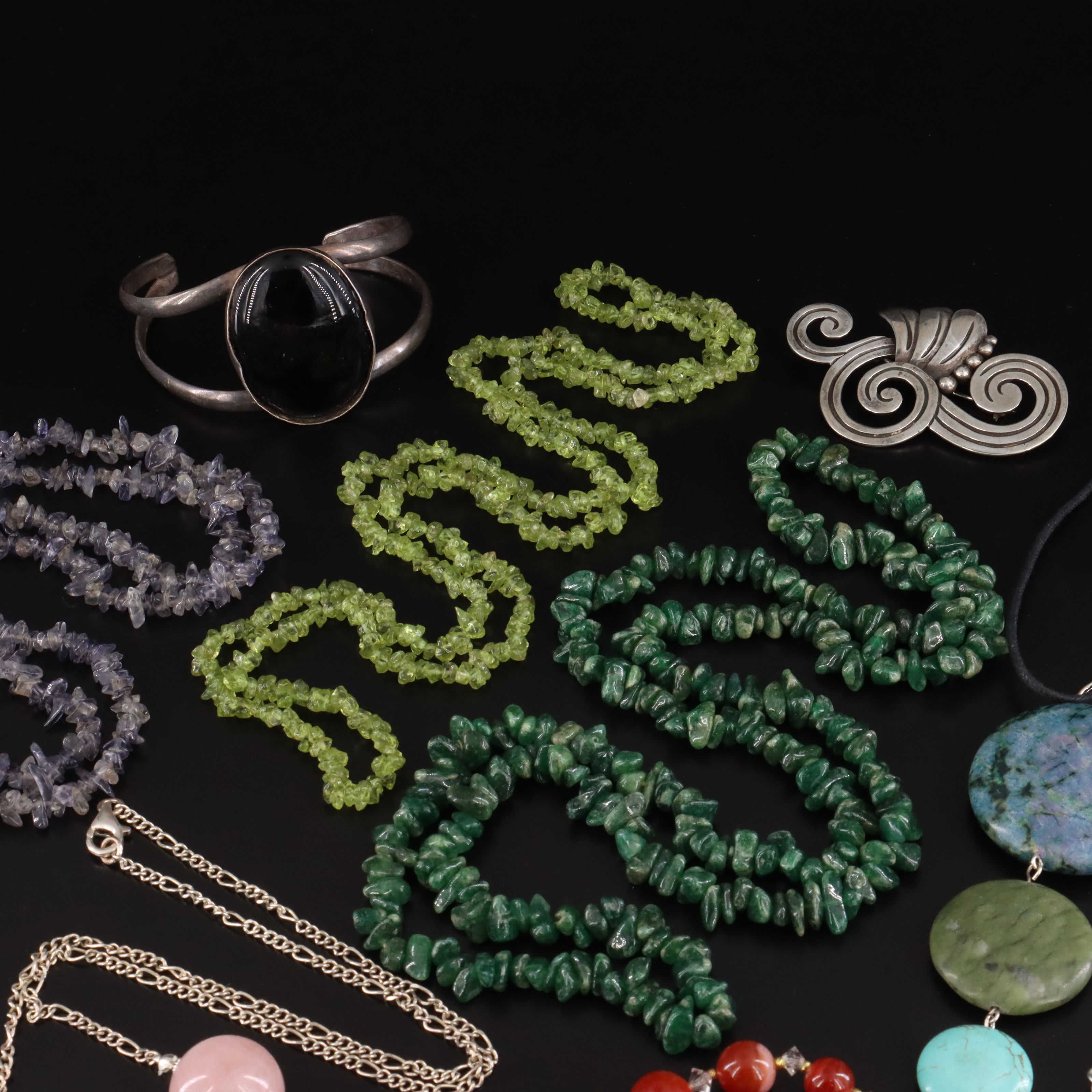 Gemstone Jewelry Collection Including Sterling and Taxco Mexican Maricela Brooch