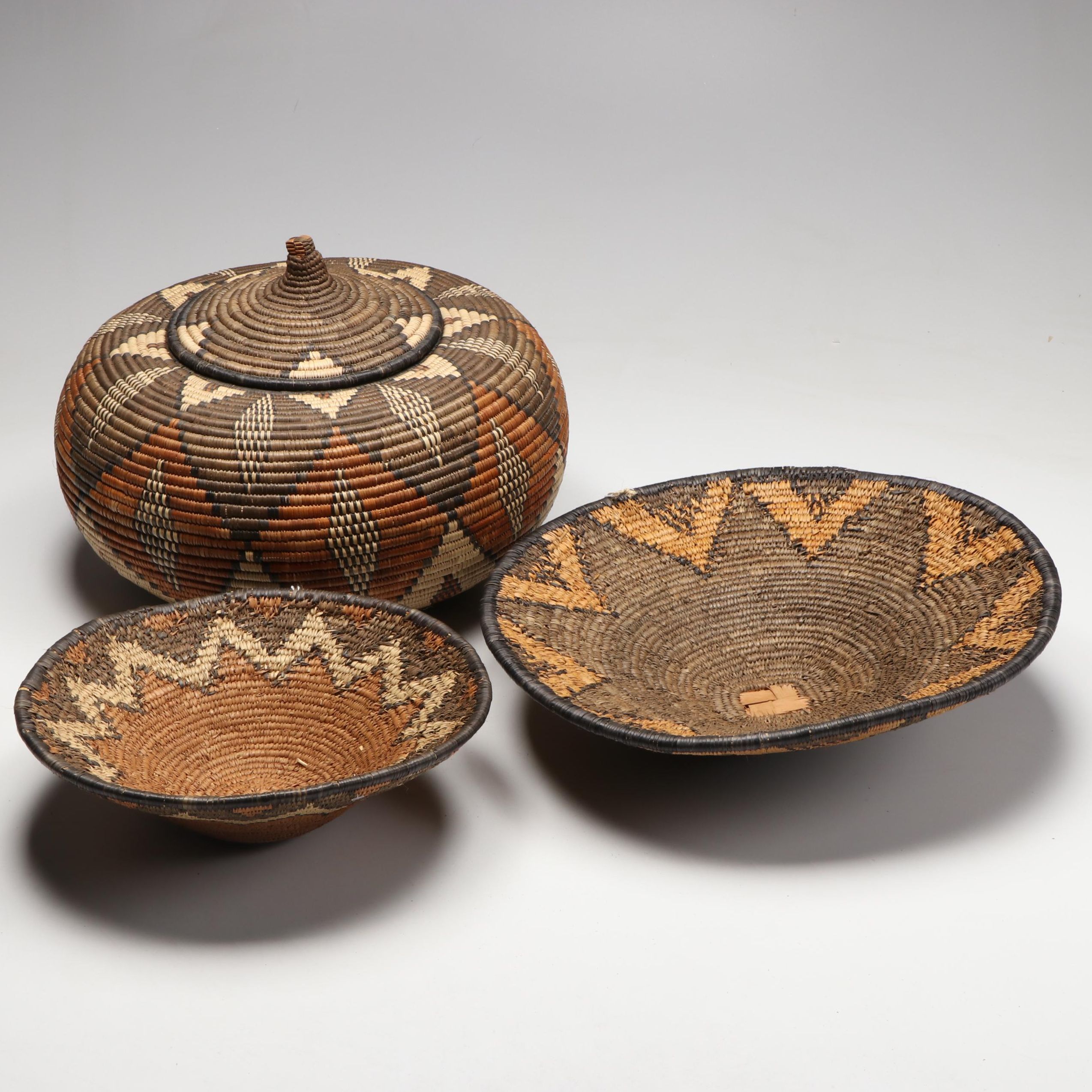South African Zulu Peoples Woven Ilala Palm Pumpkin-Shaped and Other Baskets