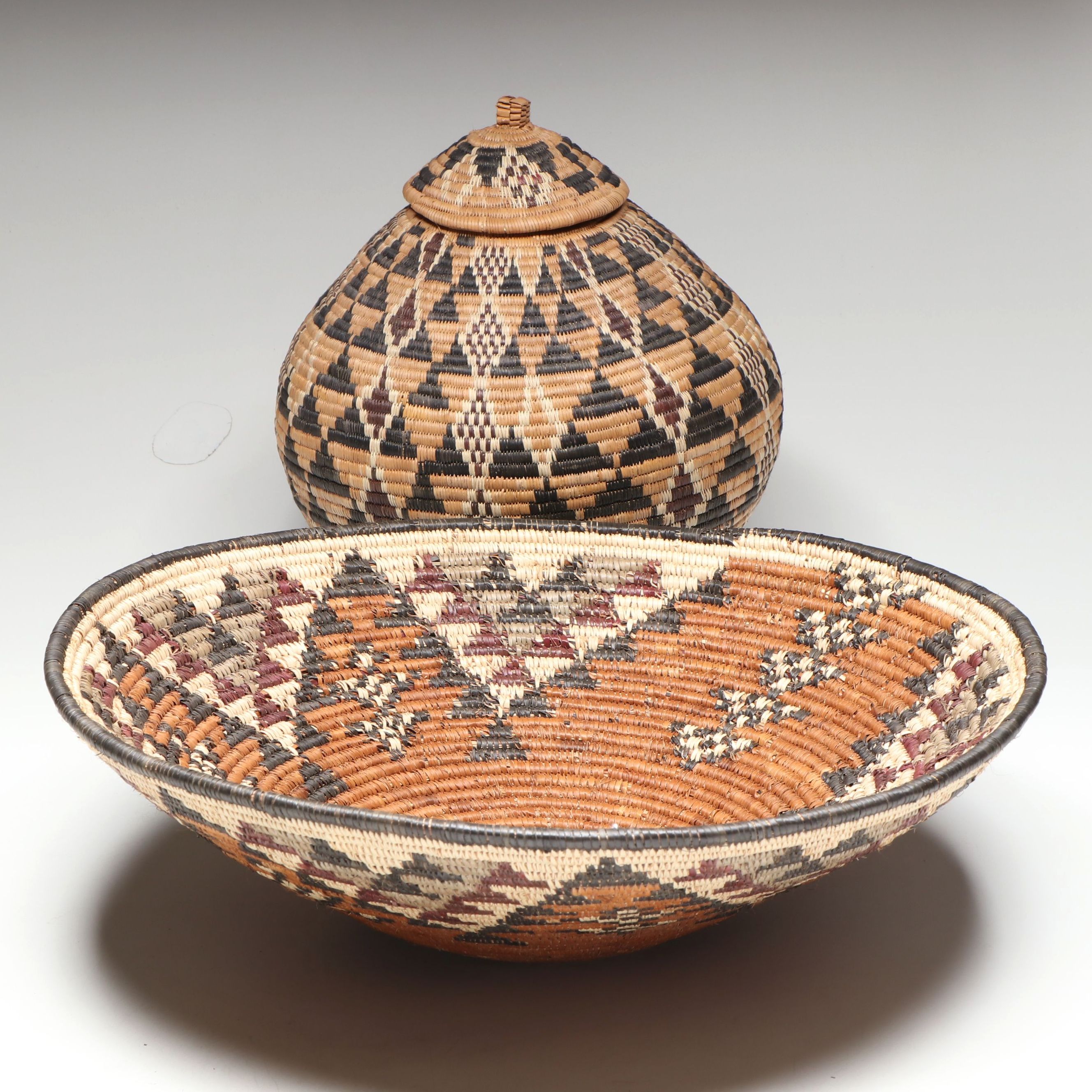 Nokuthule Zwane South African Ilala Palm Lidded Basket with Other Woven Bowl