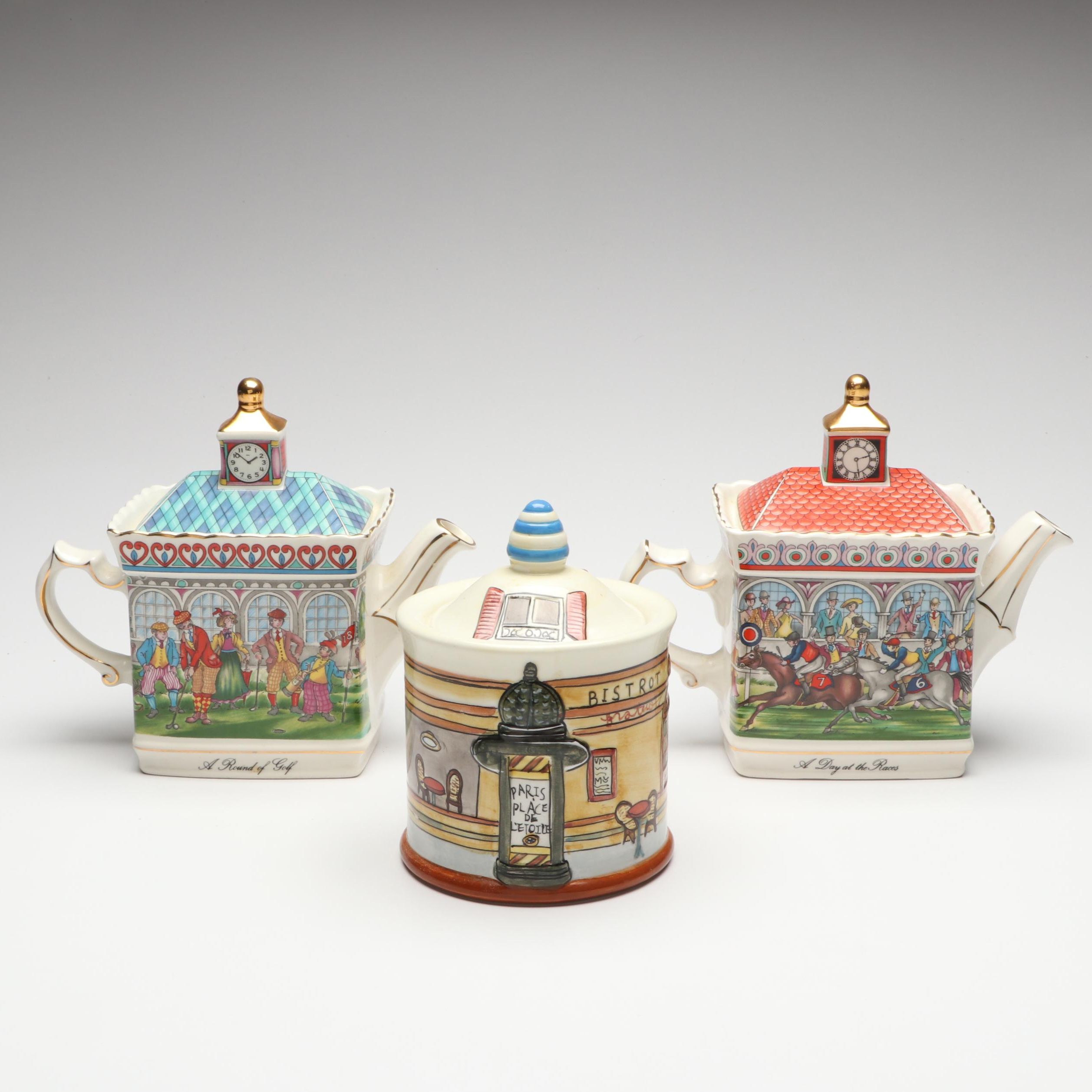 Sadler Ceramic Teapots Including "A Round of Golf" and Other Lidded Bowl