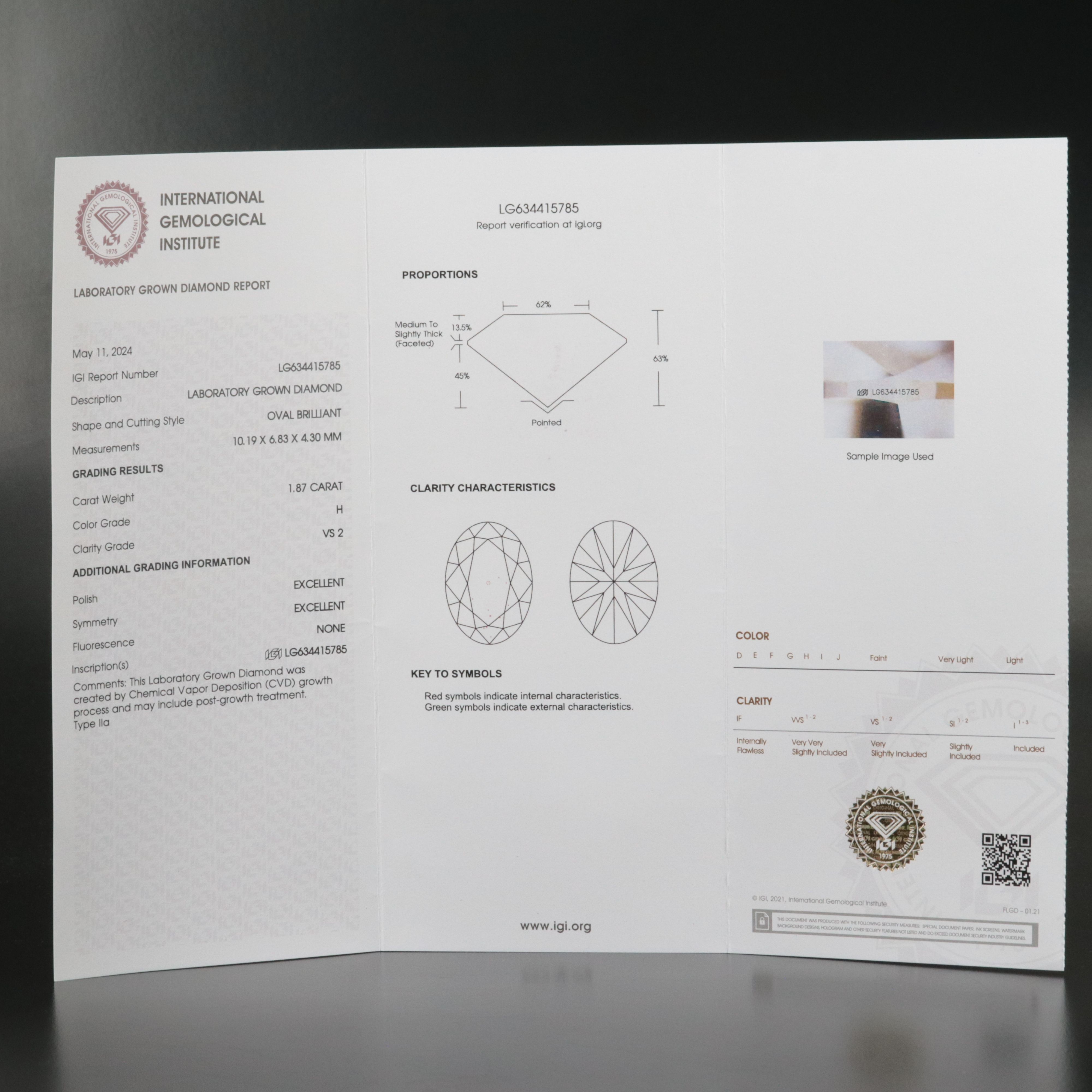 Loose 1.87 CT Lab Grown Diamond with IGI Report