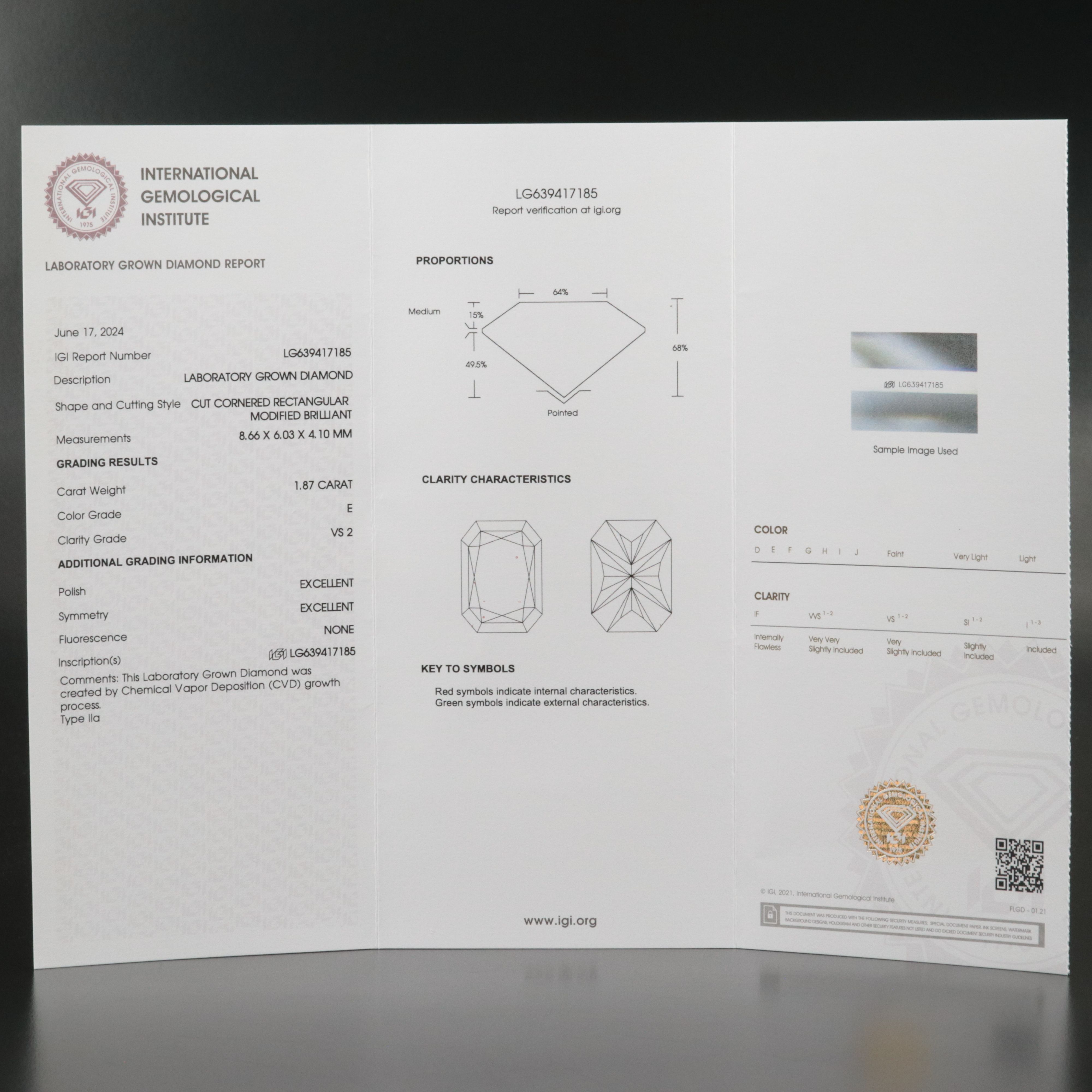 Loose 1.87 CT Lab Grown Diamond with IGI Report