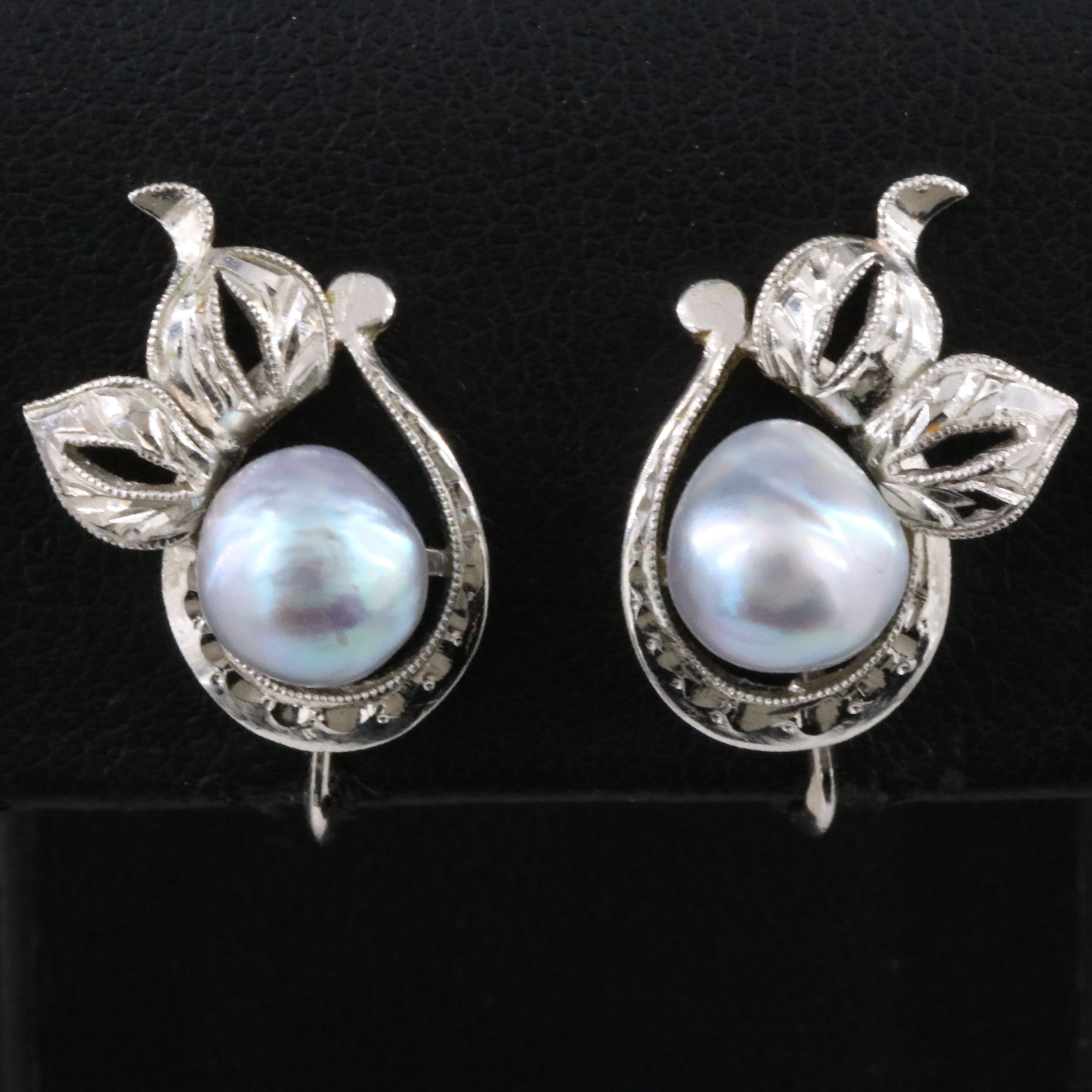 Fuji Pearl Sterling Pearl Foliate Screw Back Earrings