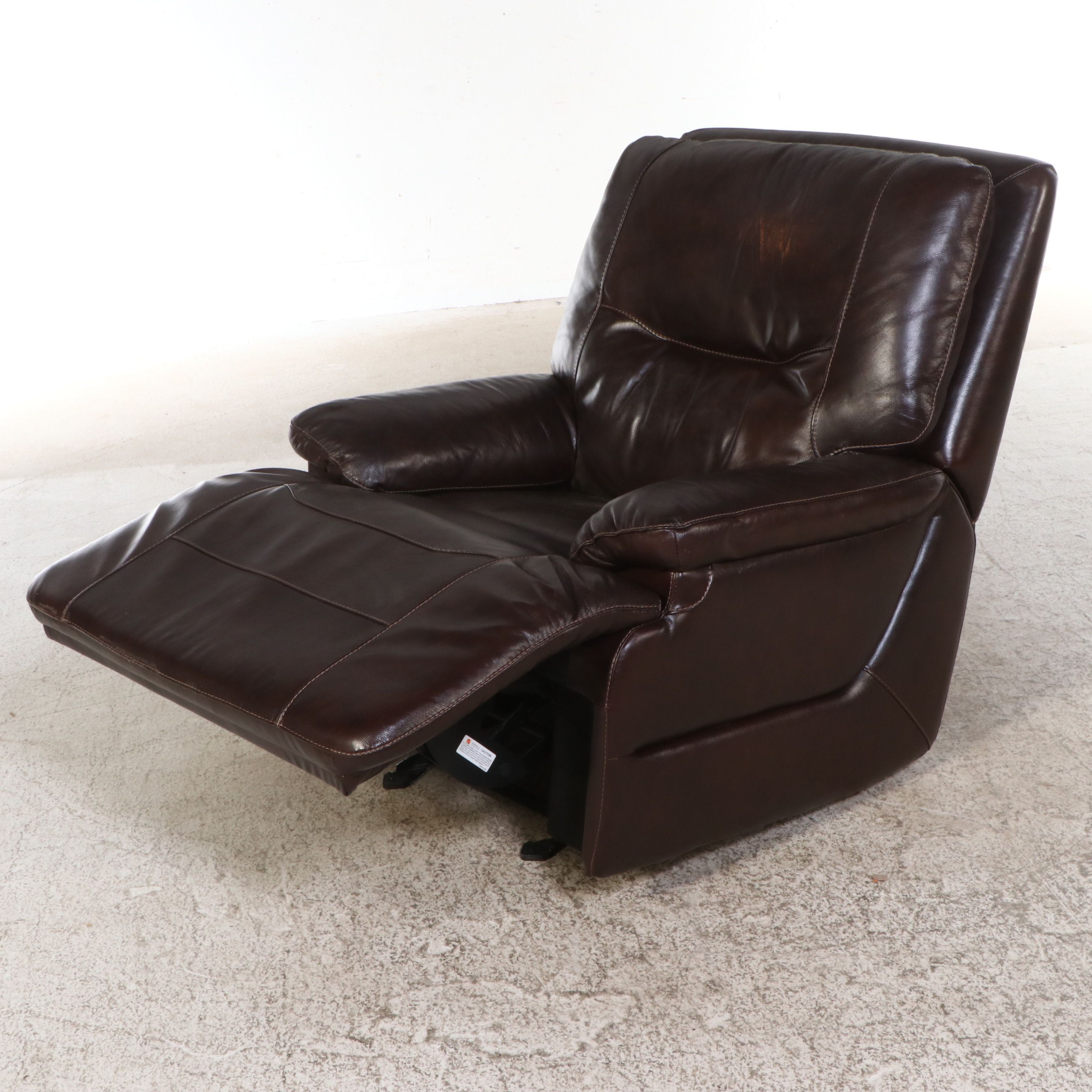 Contemporary Overstuffed Brown Bonded Leather Recliner Chair and Ottoman