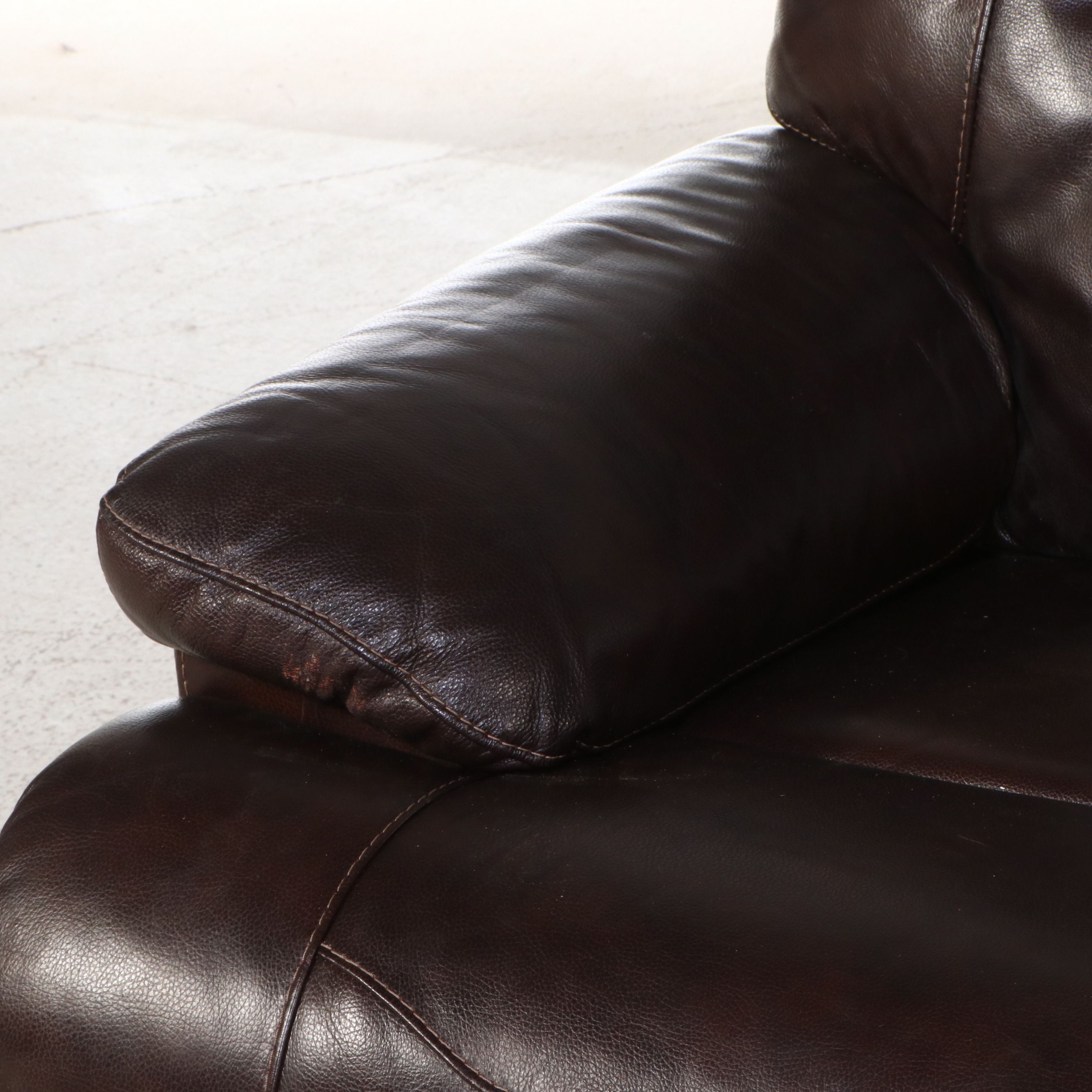 Contemporary Overstuffed Brown Bonded Leather Recliner Chair and Ottoman