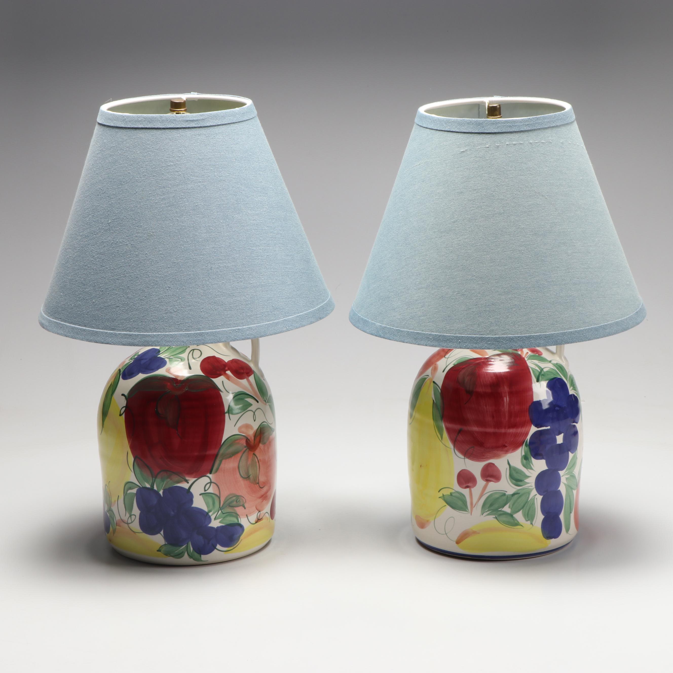 Pair of Patton Hand-Painted Stoneware Jug Lamps and Blue Cotton Shades
