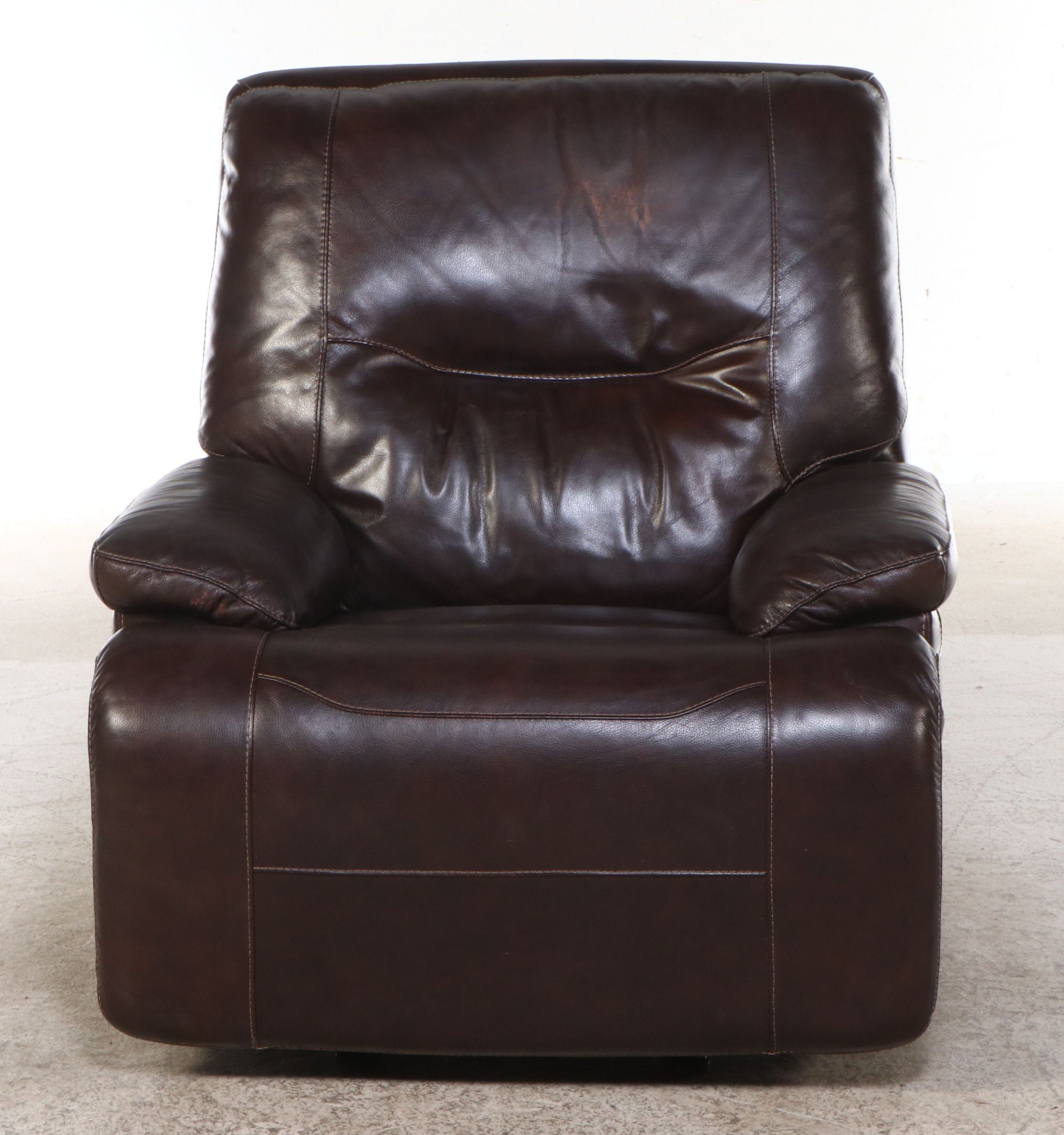 Contemporary Overstuffed Brown Bonded Leather Recliner Chair and Ottoman