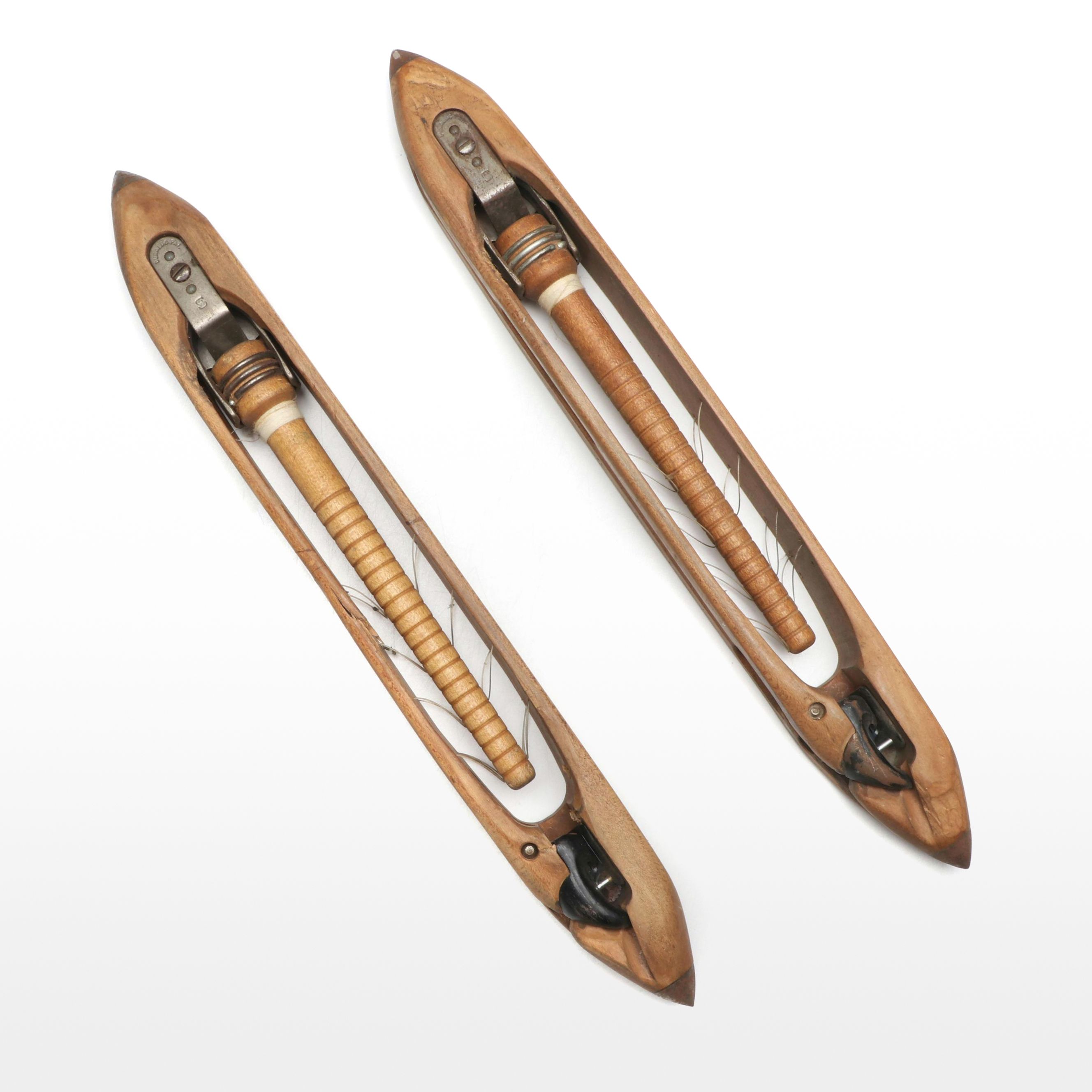 Industrial Age Carved Wood Flying Shuttles With Bobbin Pirns, Antique