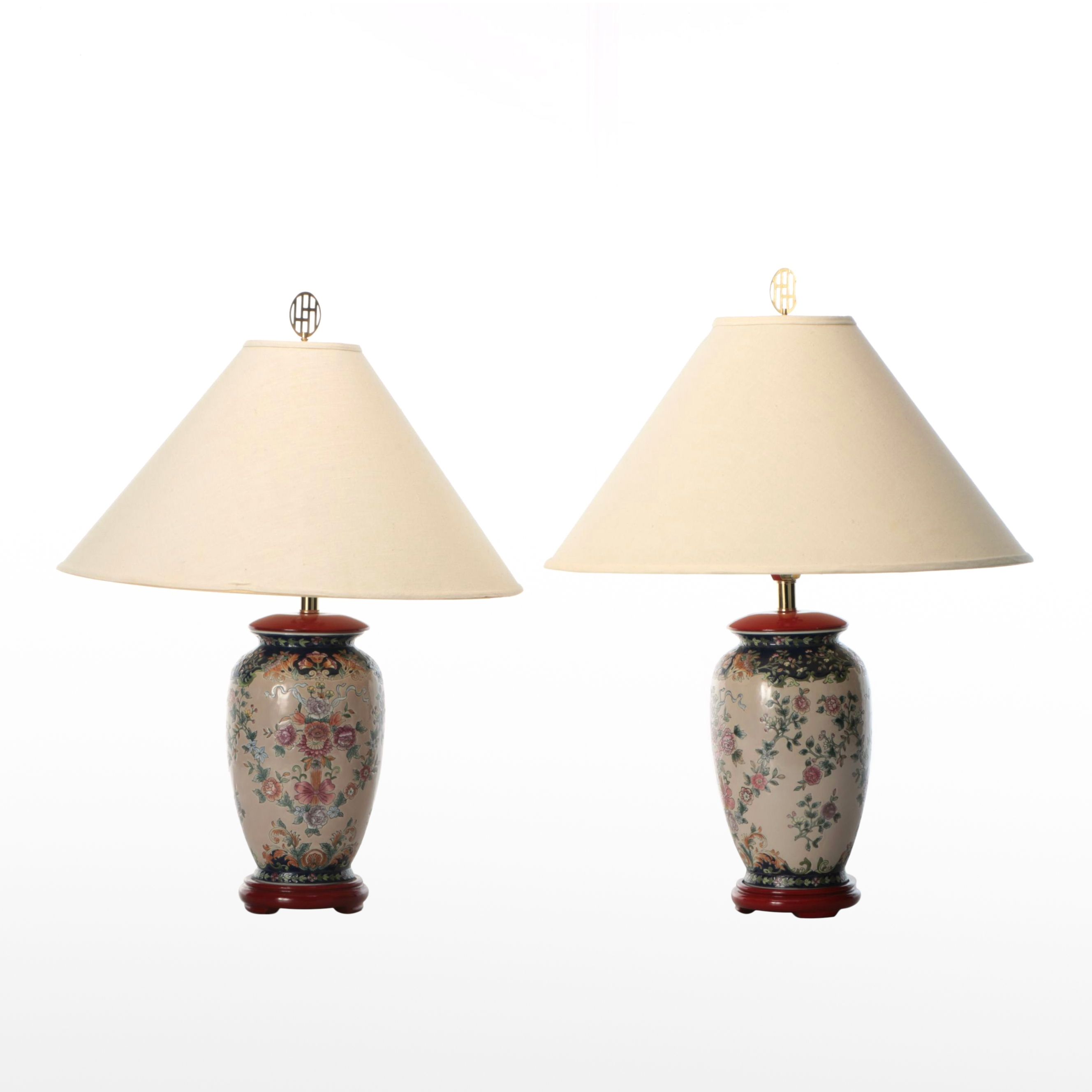 Chinese Hand-Painted Ceramic Table Lamps with Cotton Coolie Shades
